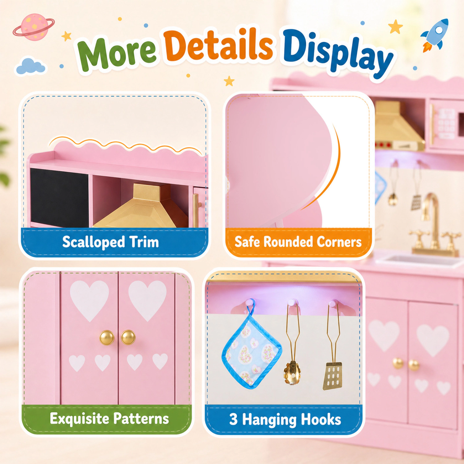 LJG Wooden Play Kitchen with Lights & Sounds and Stove Oven for Toddlers Ages 3+