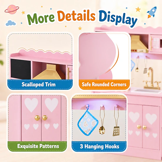 LJG Wooden Play Kitchen with Lights & Sounds and Stove Oven for Toddlers Ages 3+