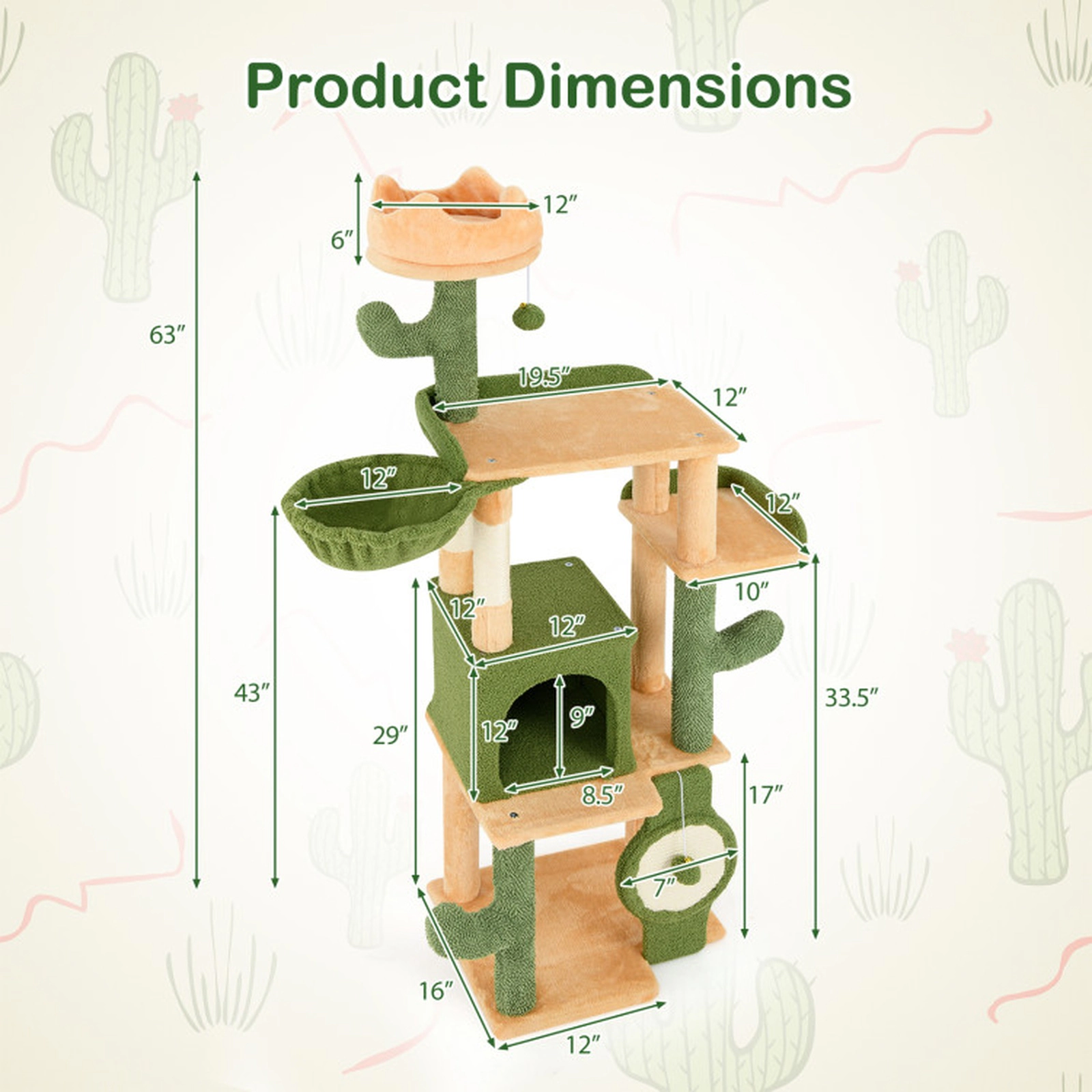 SUGIFT 63-in Cactus Cat Tree with Sisal Scratching Posts, Target Board and Condo 11-lb Capacity Green + Orange