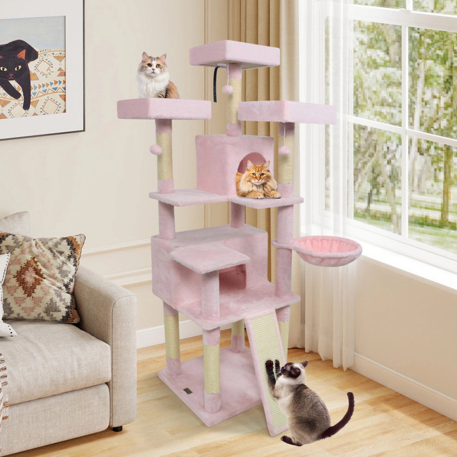 SUGIFT 65-in Tall Multi-level Cat Tree with 3 Upholstered Perches and 2 Cat Condos Pink