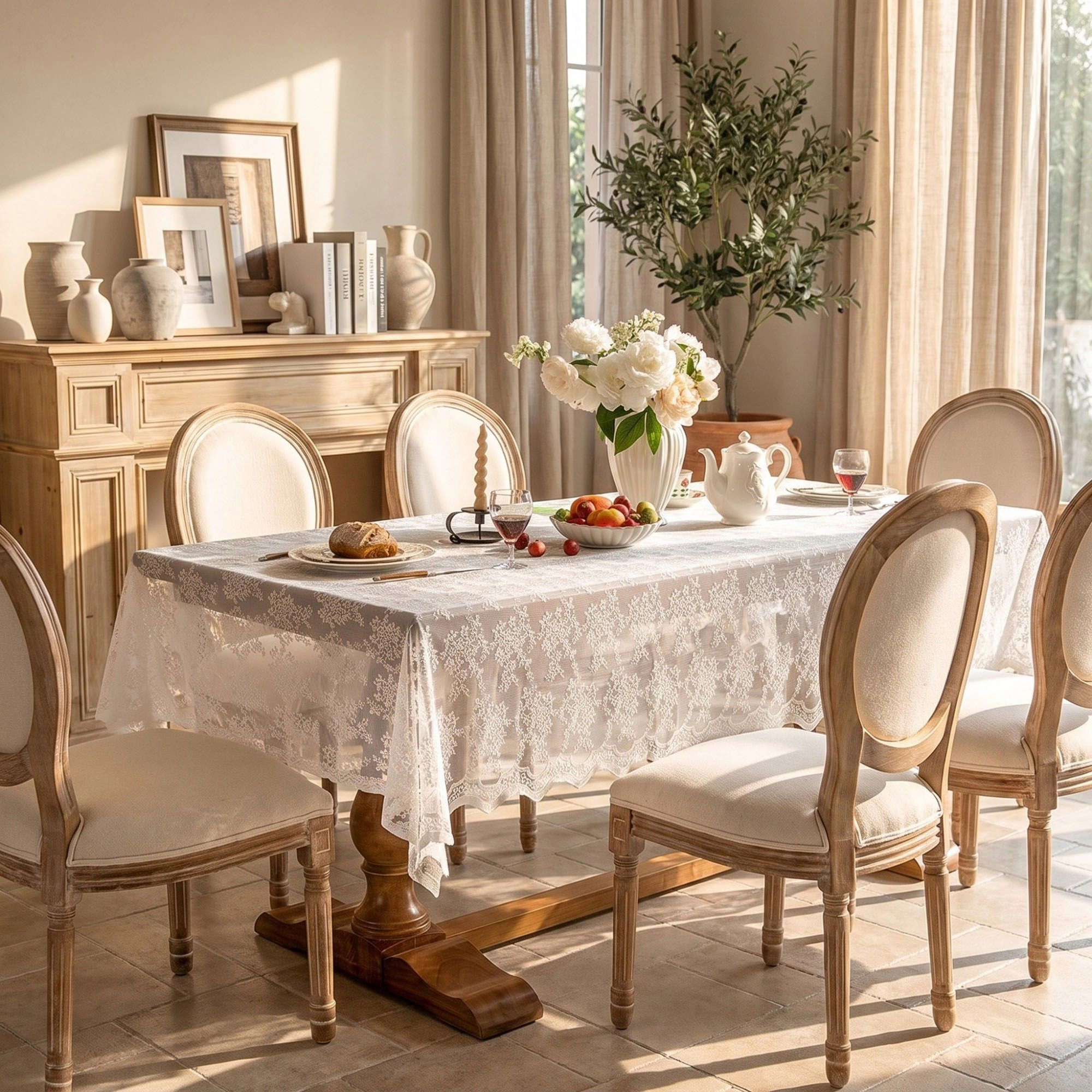 Alilang Unisex Off White Floral Lace Square Tablecloth with Scalloped Edges 55.1x55.1in
