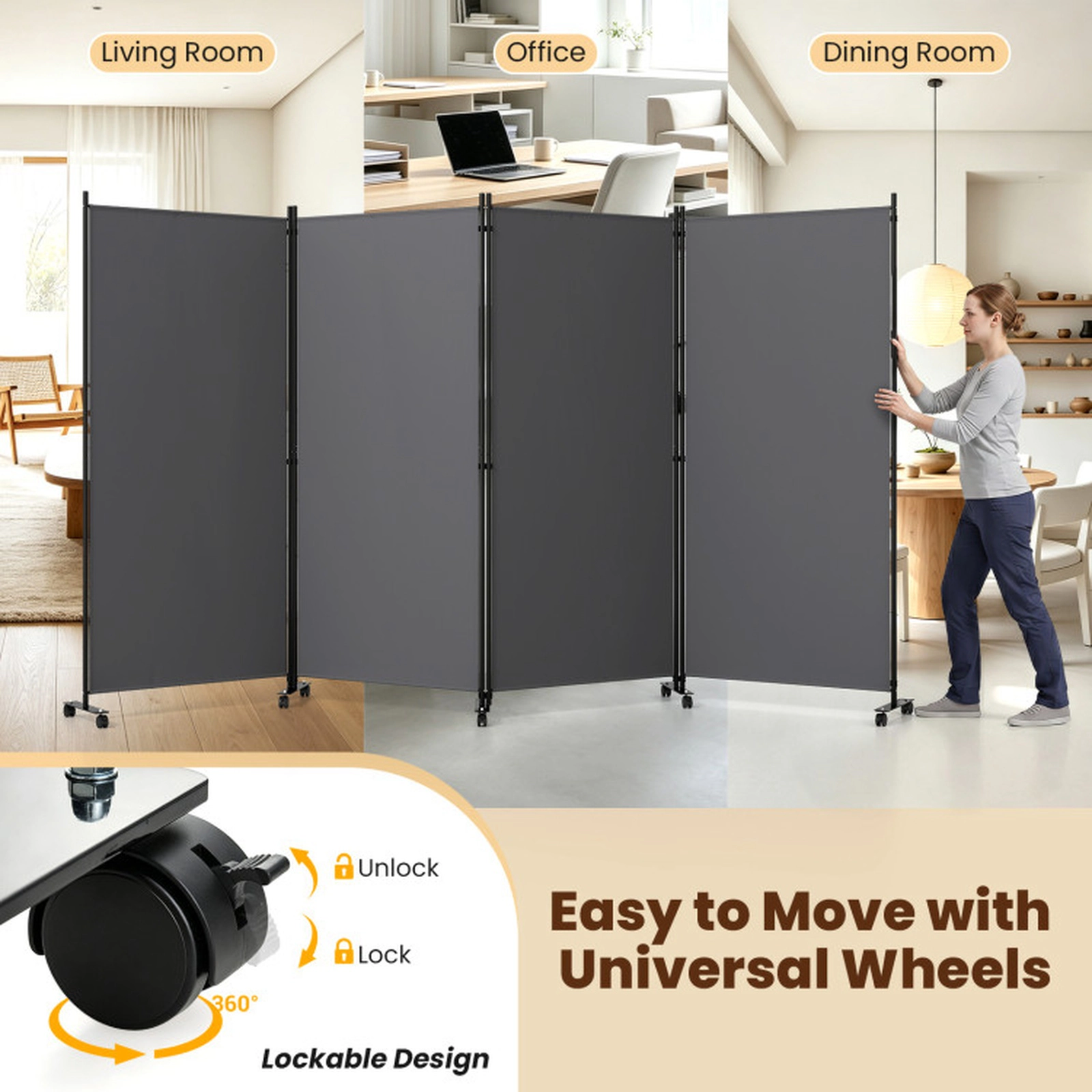 SUGIFT 4-Panel Non-See-Through Fabric Folding Privacy Screen Room Divider 137-in x 12-in x 71.5-in 22-lb Gray