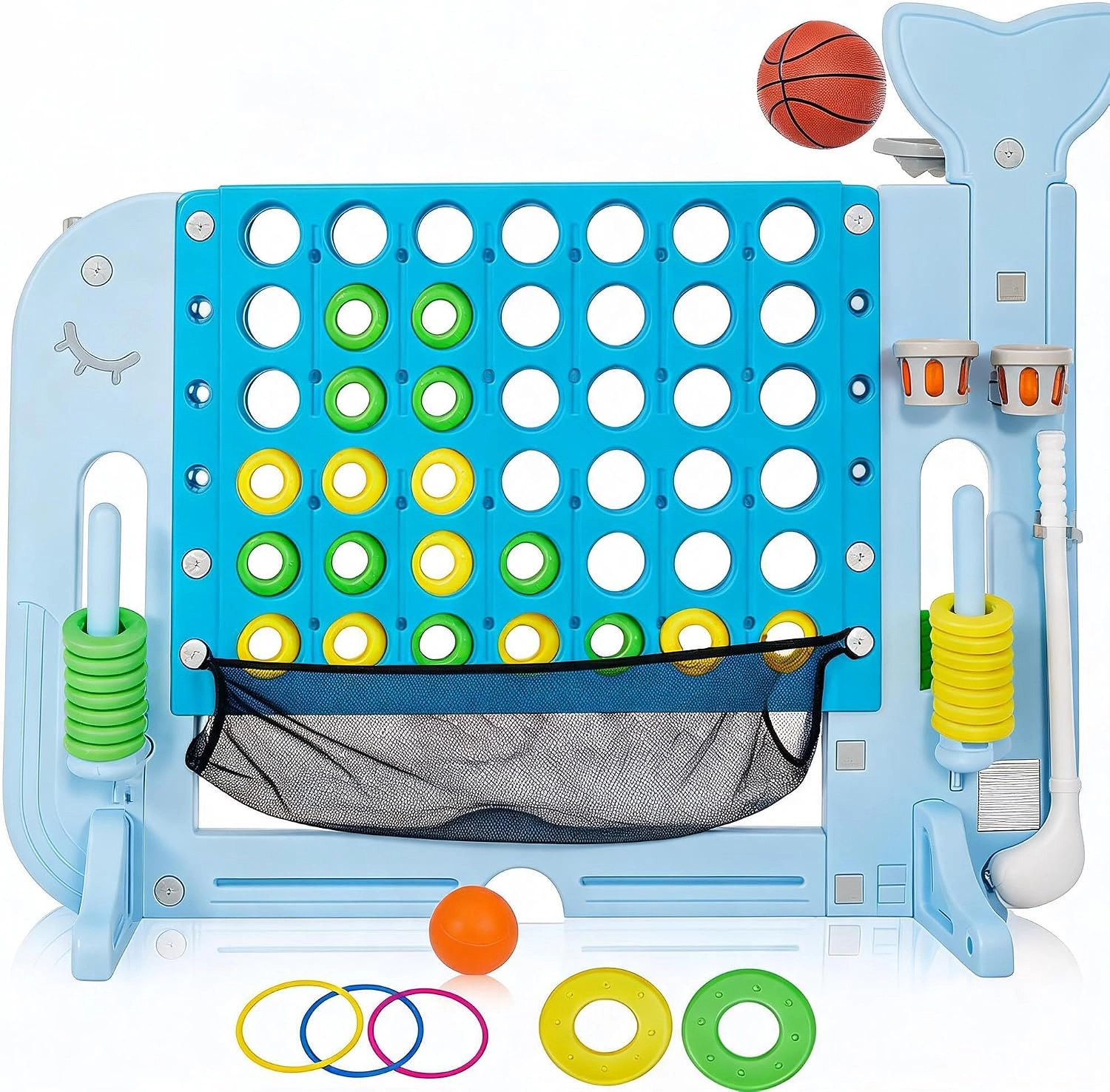 Giant 4-in-a-Row Game Set, Height-Adjustable 4-in-1 Outdoor Yard Game with Basketball, Mini Golf & Ring Toss