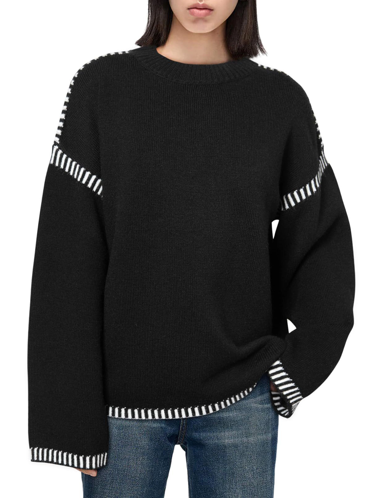 KOJOOIN Women's Contrast Stitch Sweaters Oversized Knit Pullover Loose Stitched Trim Fall Winter Tops