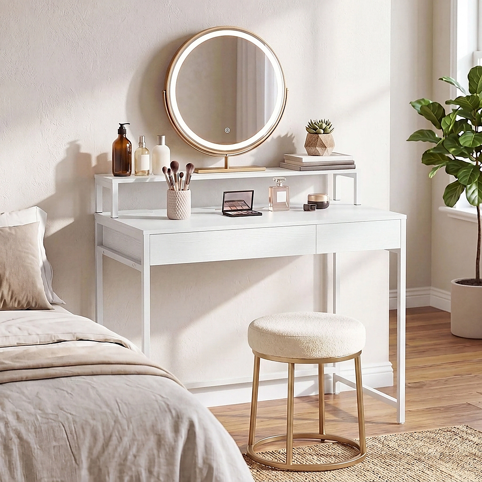 SUGIFT 39.5-in White Compact Computer Desk with Keyboard Tray, Removable Monitor Shelf and Power Outlet