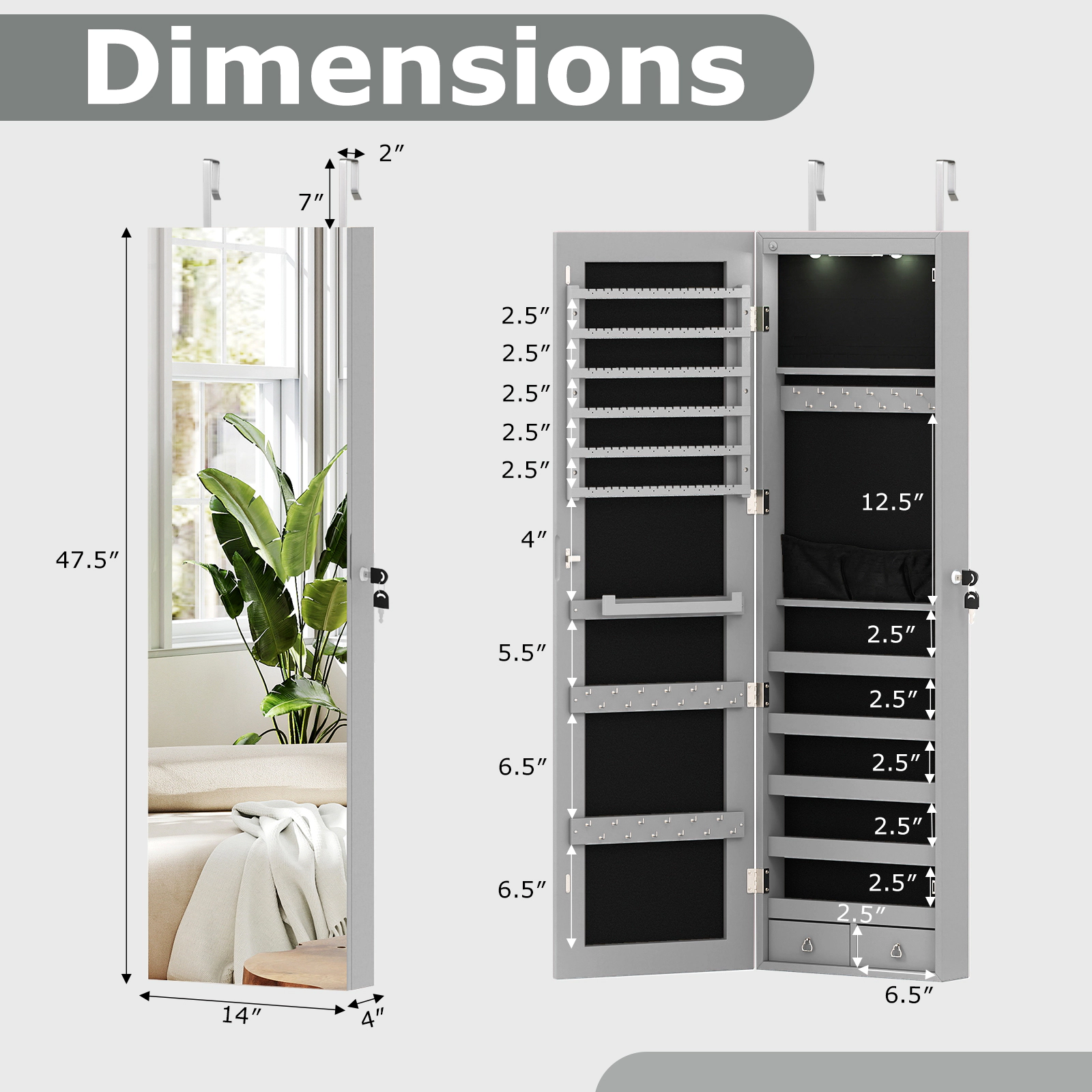 SUGIFT Gray Space-Saving Mirrored Jewelry Cabinet 4-in Deep Over the Door Organizer with Full-Length Mirror
