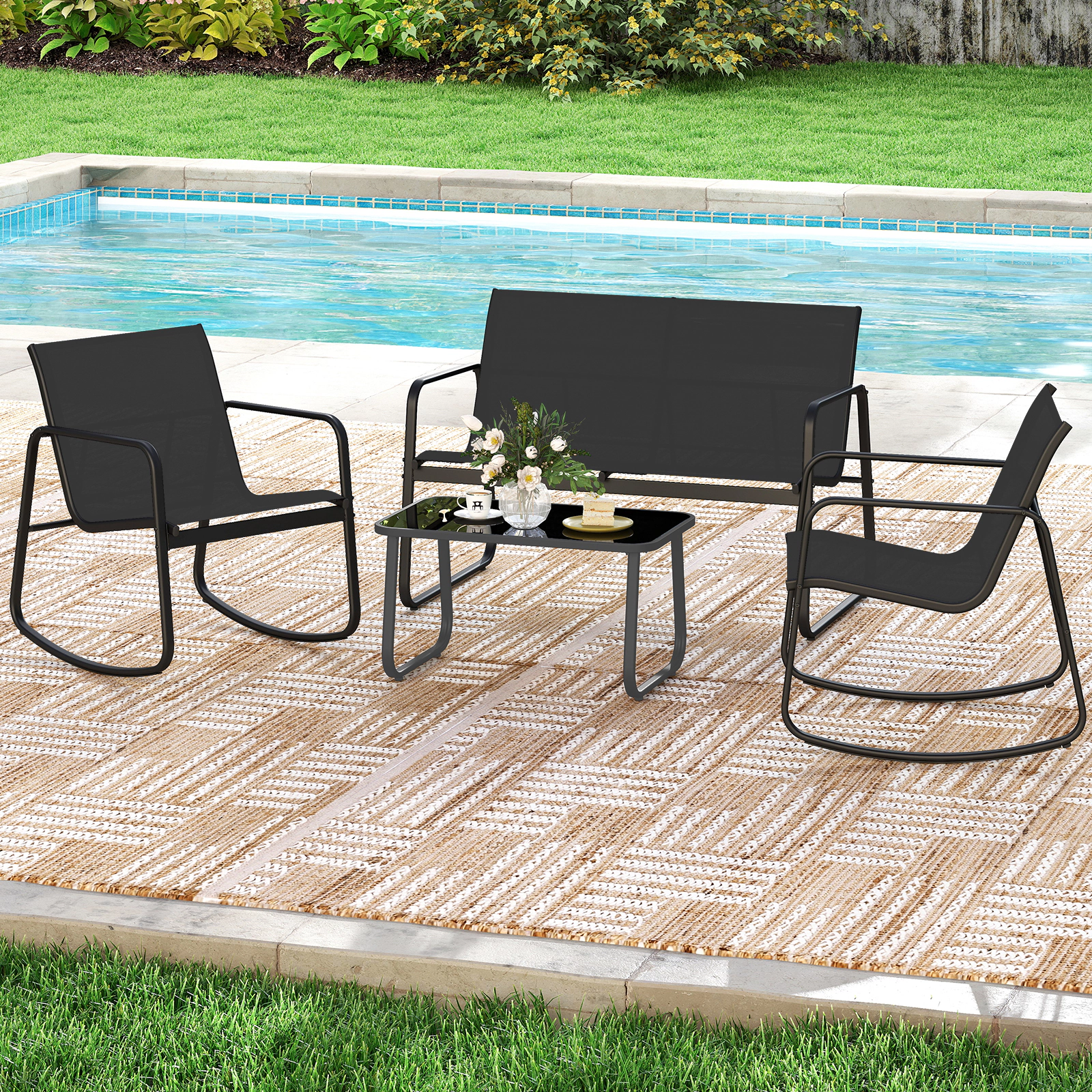 LJG 4 PCS Patio Furniture Set Outdoor Rocker Chair Conversation Set