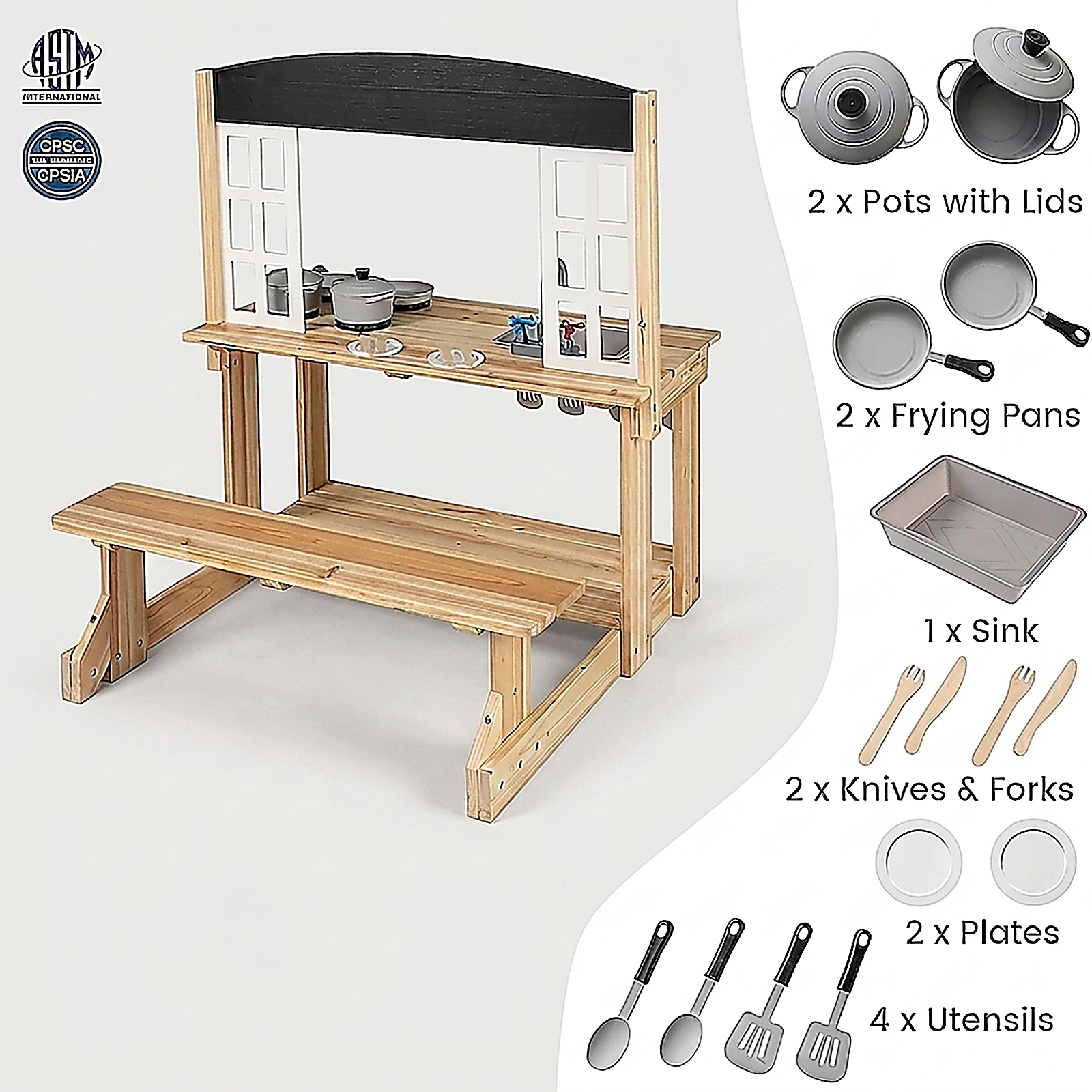 SUGIFT Natural Bench and Cooking Accessories Kids Wooden Pretend Play Mud Kitchen