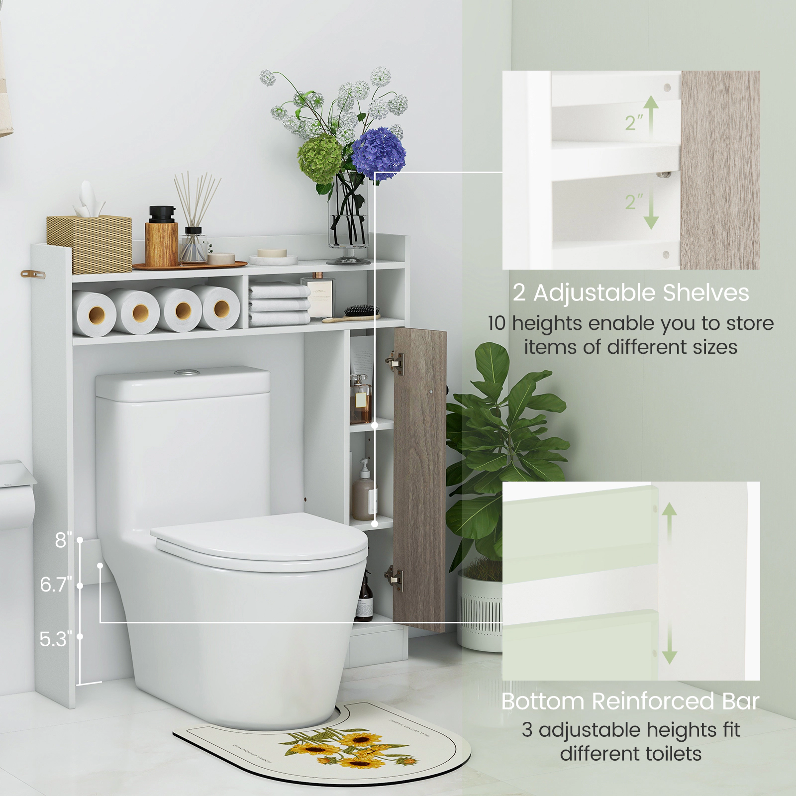 SUGIFT 100-lb Capacity Over the Toilet Storage Organizer with 2 Adjustable Shelves and 3-Position Bar