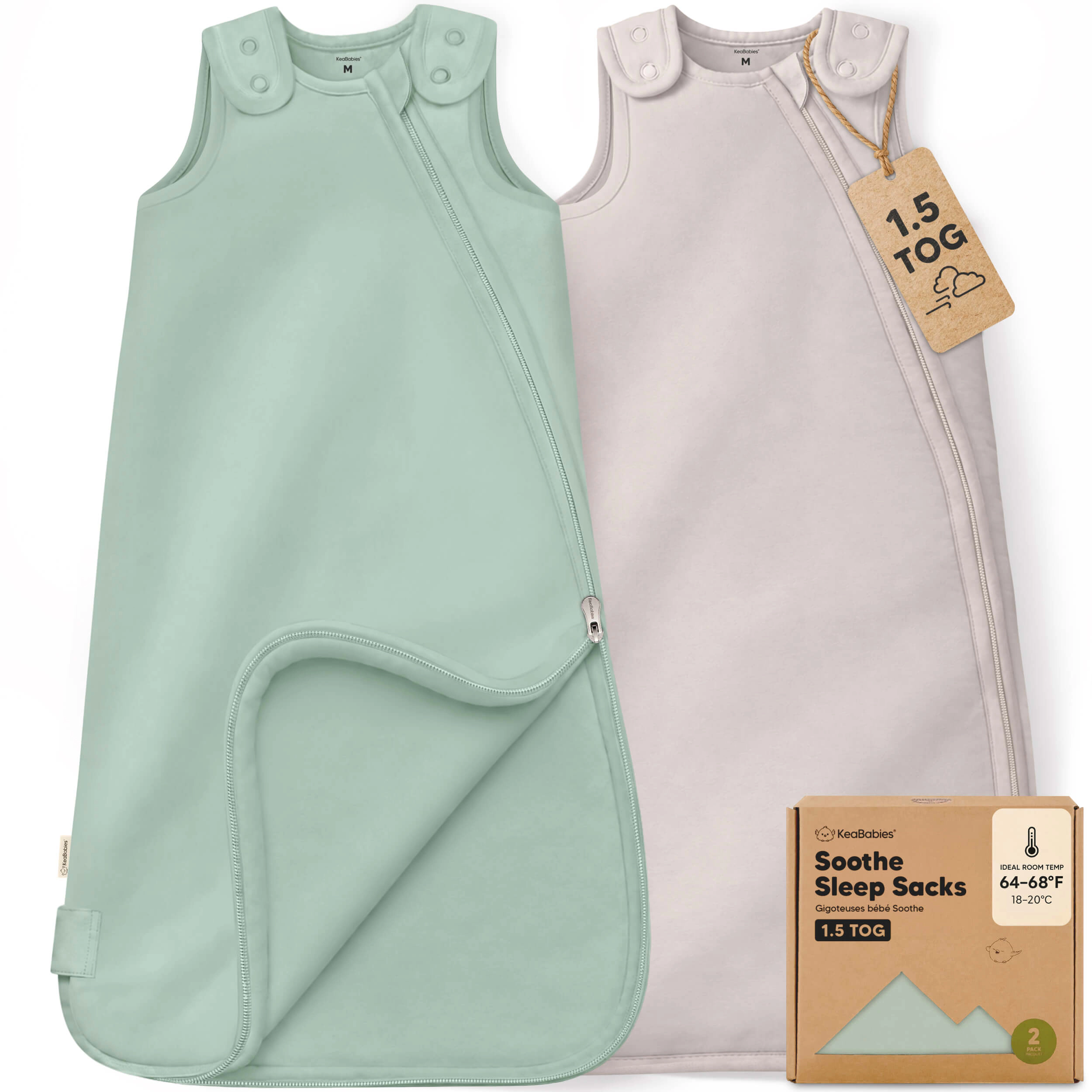KeaBabies Soothe Sleep Sack, 2-Pack Organic Cotton Baby Wearable Blanket 1.5 TOG