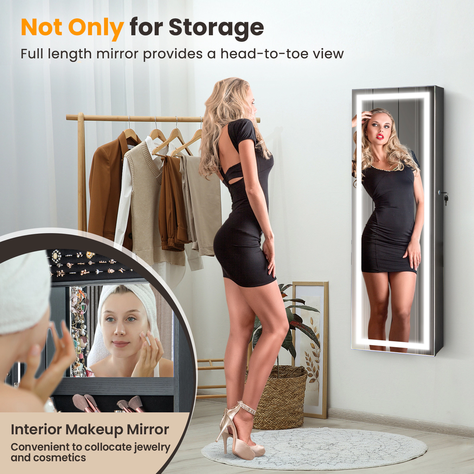 SUGIFT Black Mirrored Jewelry Armoire with Full-Length Mirror 2 Internal LED Lights and Velvet Lining