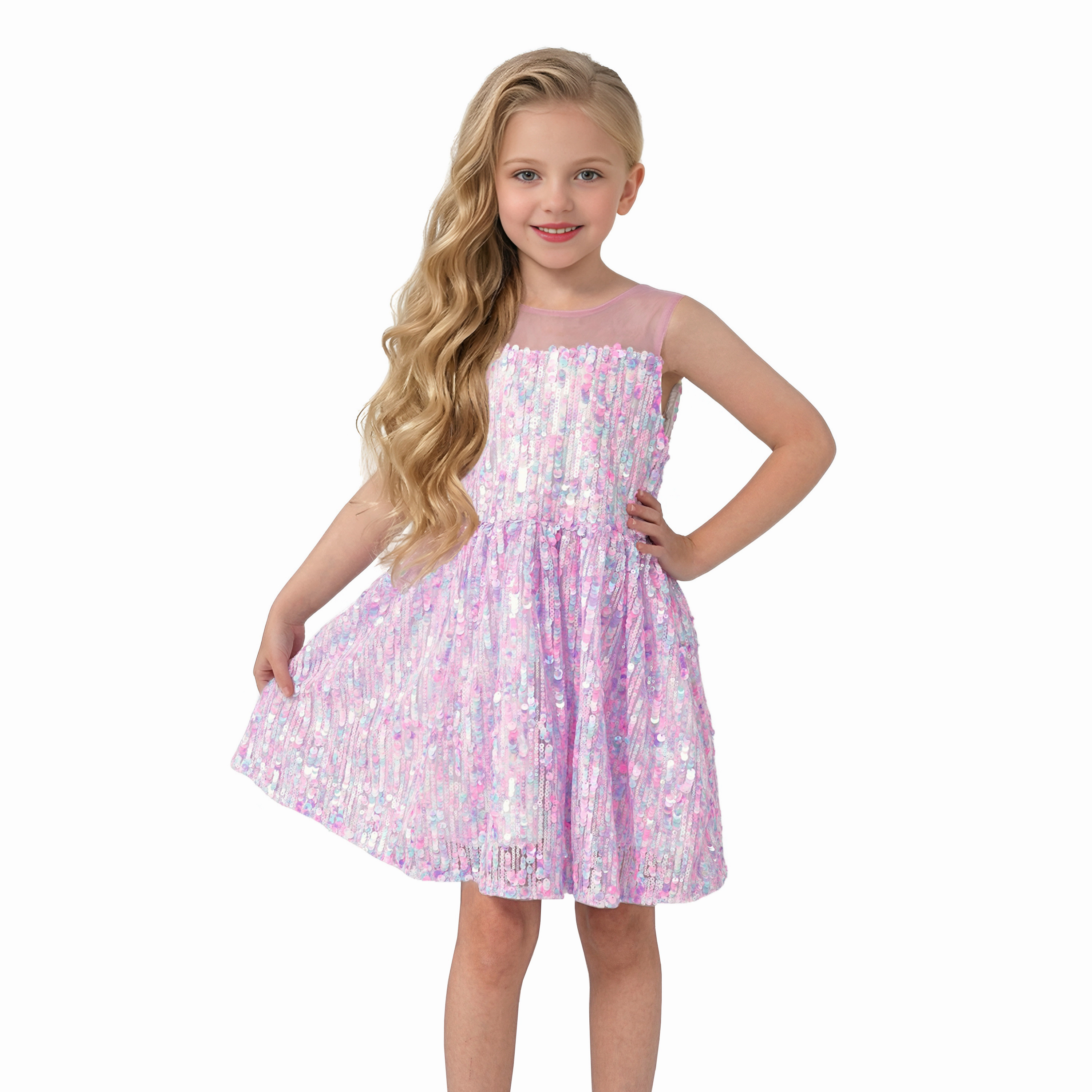 2Bunnies Girls' Pastel iridescent Sequin Illusion Neckline Sleeveless Dress