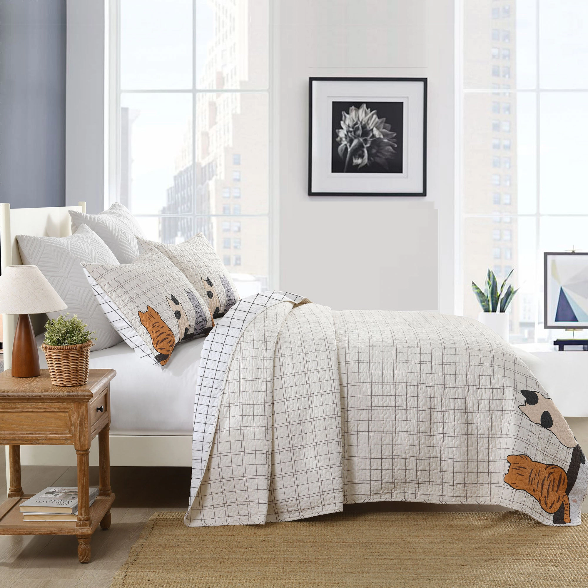 MarCielo 3 Pieces Elegant Cat Silhouette Checkered Quilt Bedspread Set