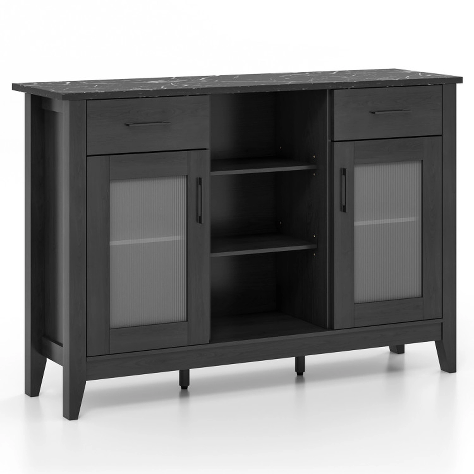 SUGIFT 2-Drawer Faux Marble Top Glass Doors Sideboard Buffet Cabinet 52-in x 15.5-in x 35.5-in 310-lb Capacity Black