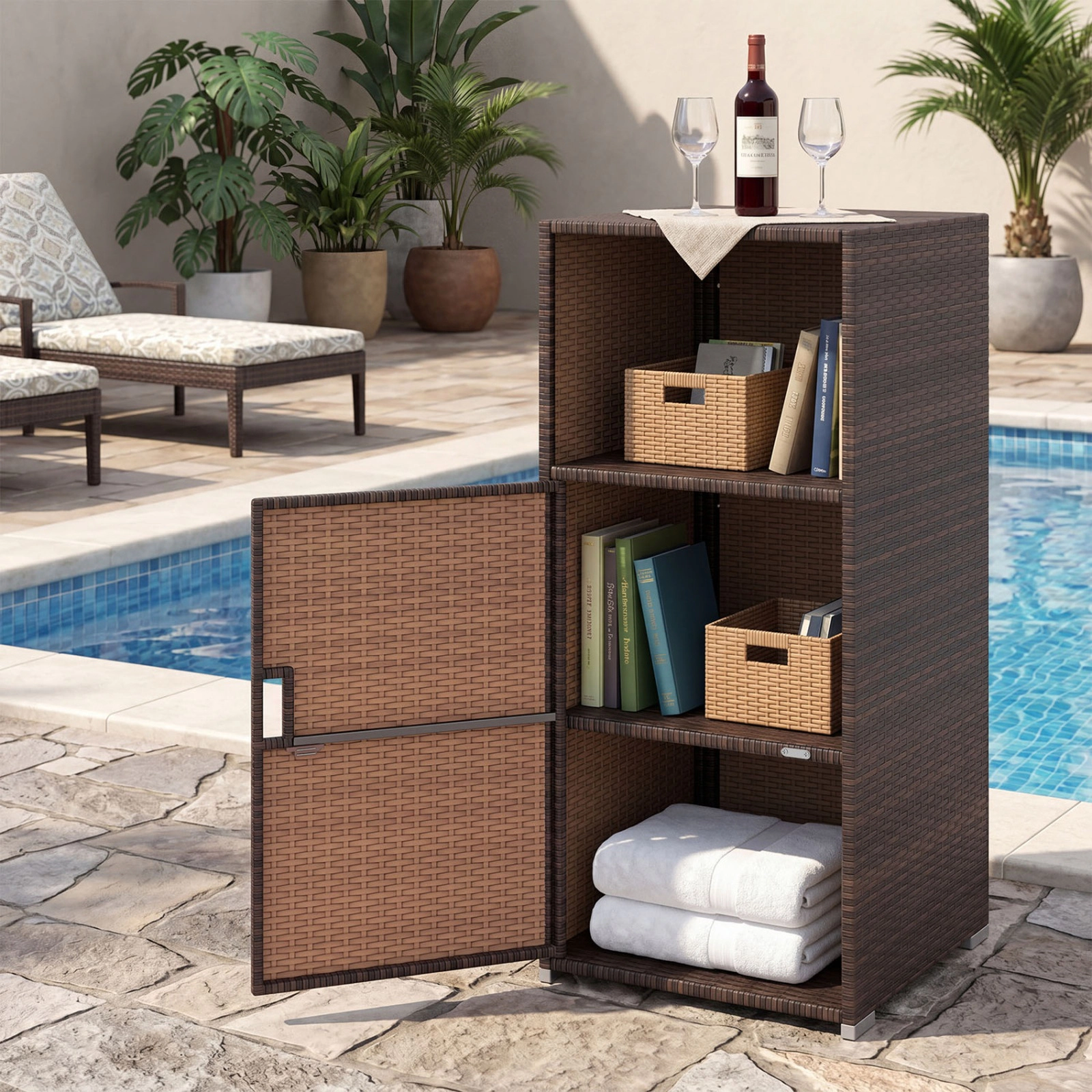 SUGIFT Open Compartment Enclosed Door PE Wicker Outdoor Patio Storage Cabinet 20-in x 20-in x 43-in 66-lb Shelf Brown