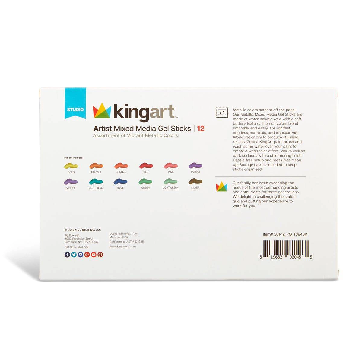 KINGART Mixed Media Gel Stick Crayons - 12 Metallic Colors