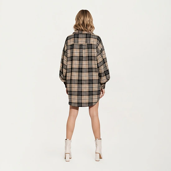 Anna-Kaci Women's Oversized Plaid Long Balloon Sleeves Button Front Collar Detail Shirt Dress