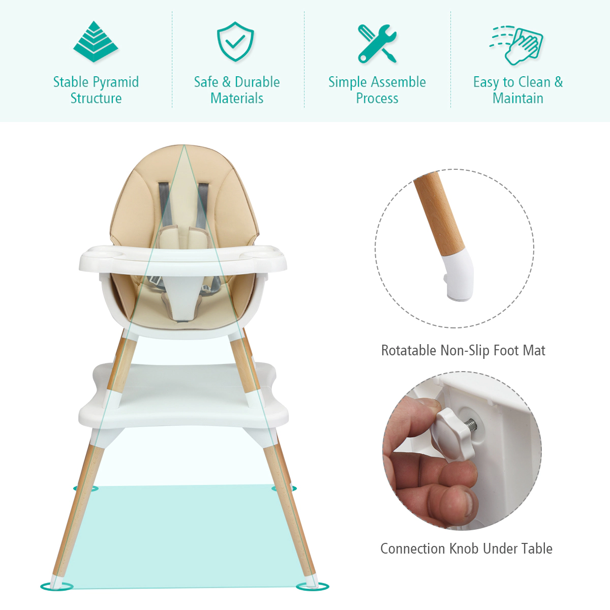 SUGIFT 5-in-1 Convertible Wooden High Chair with Table 33-lb Capacity Ages 6-36 Months Coffee/Black/Natural