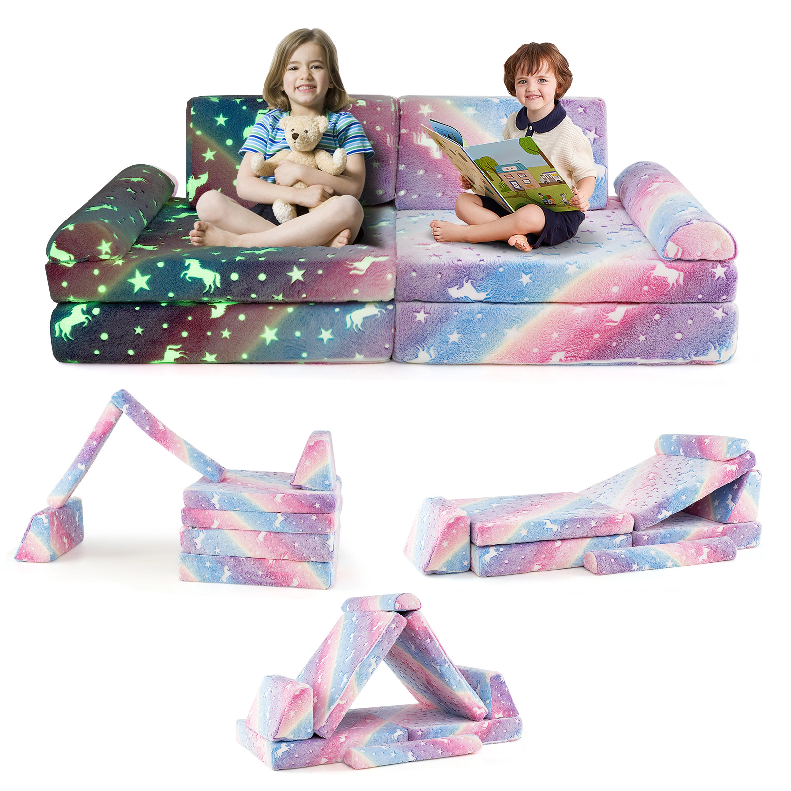 SUGIFT Glow-in-the-Dark Modular Kids Play Couch Toddler Sectional Sofa Gray/Multicolor