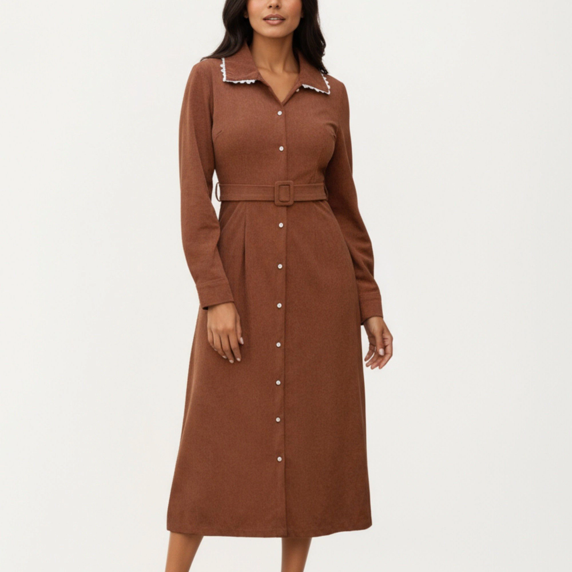 Anna-Kaci Women's Long Sleeve Button Front Belted Waist Trimmed Collar Midi Dress
