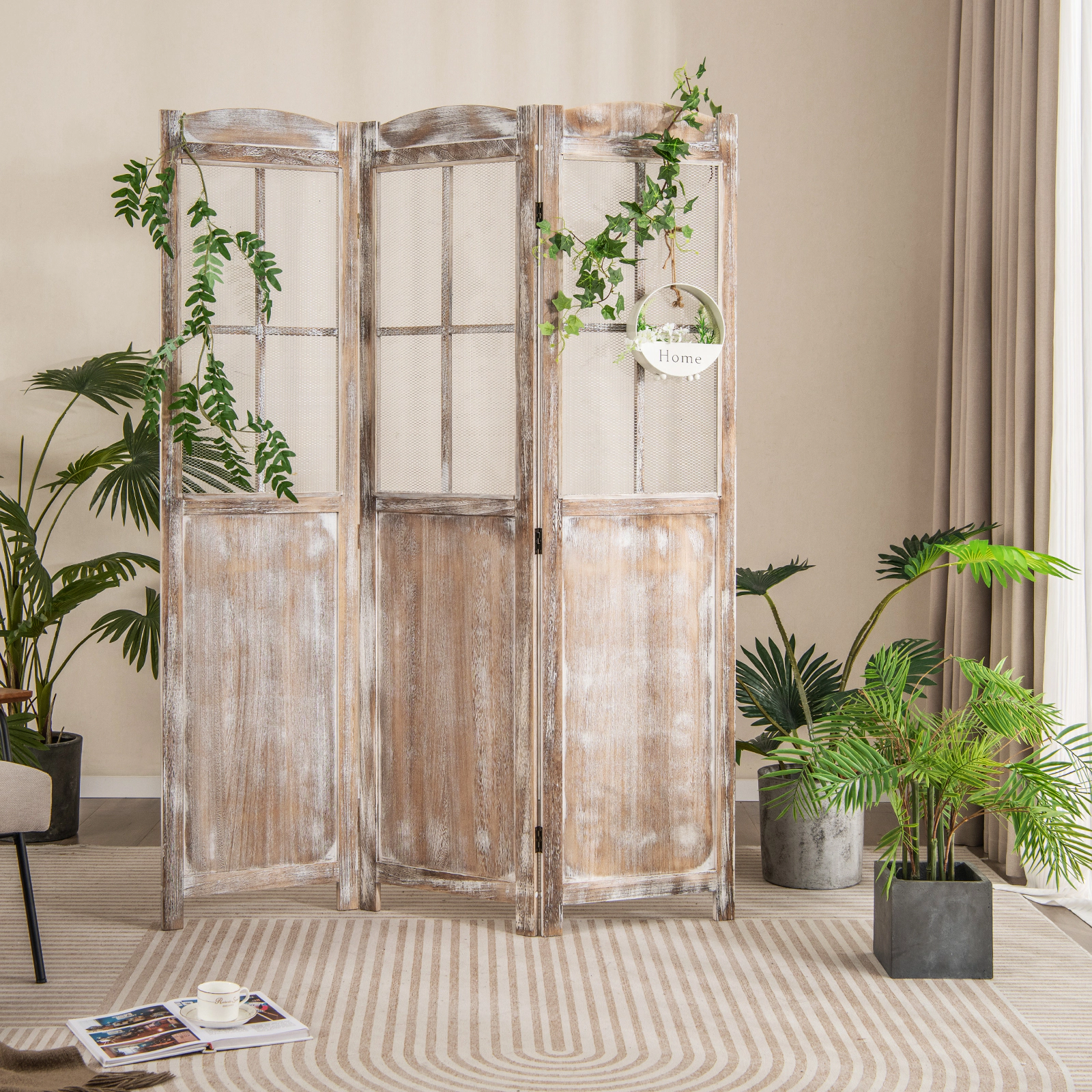 SUGIFT Coffee 54-in Wide 70-in Tall Folding Privacy Screen Room Divider with Paulownia Wood Mesh Windows