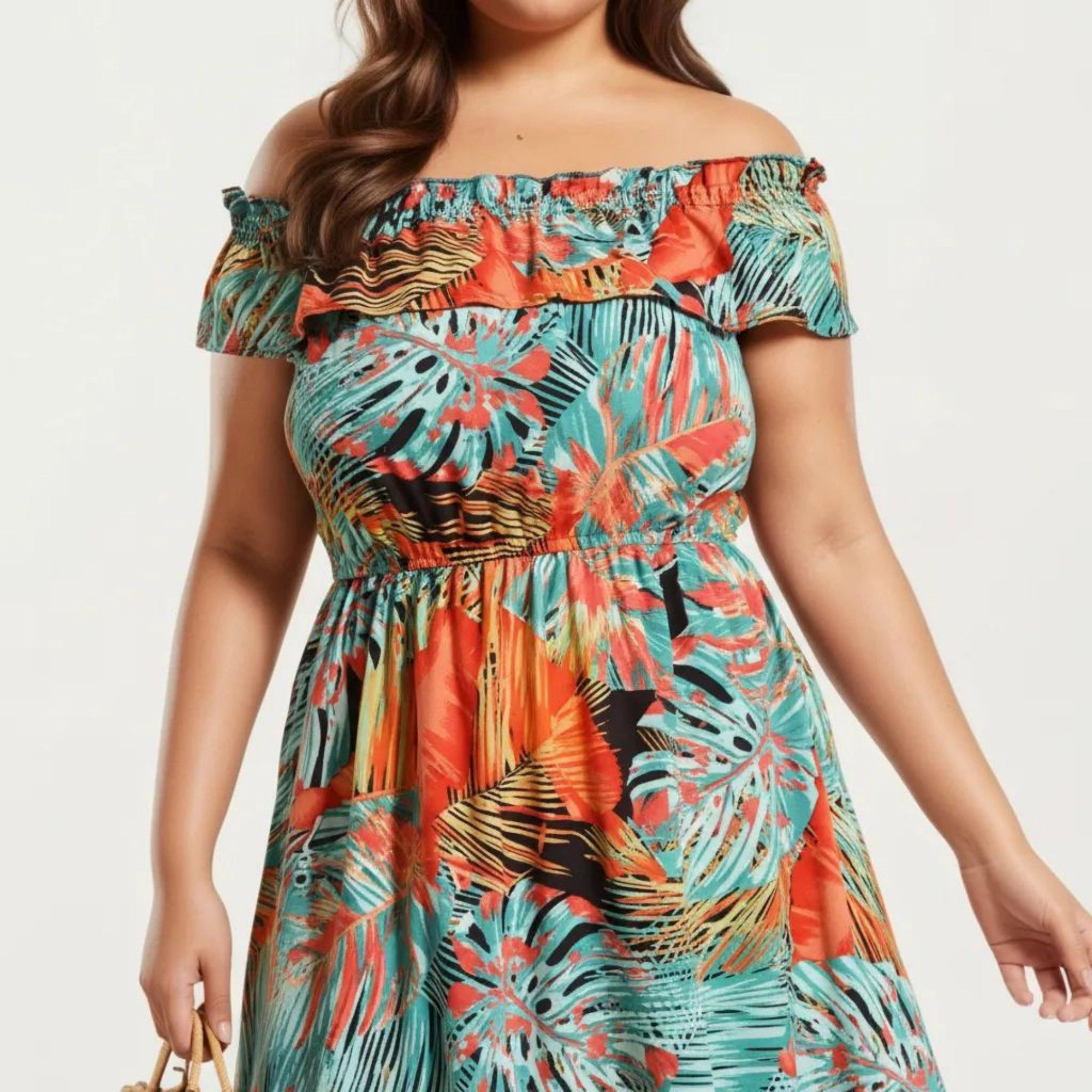 Anna-Kaci Women's Off Shoulder Tropical Print Ruffle Neckline Elastic Waist Tiered Hem Flowy Fit Midi Dress
