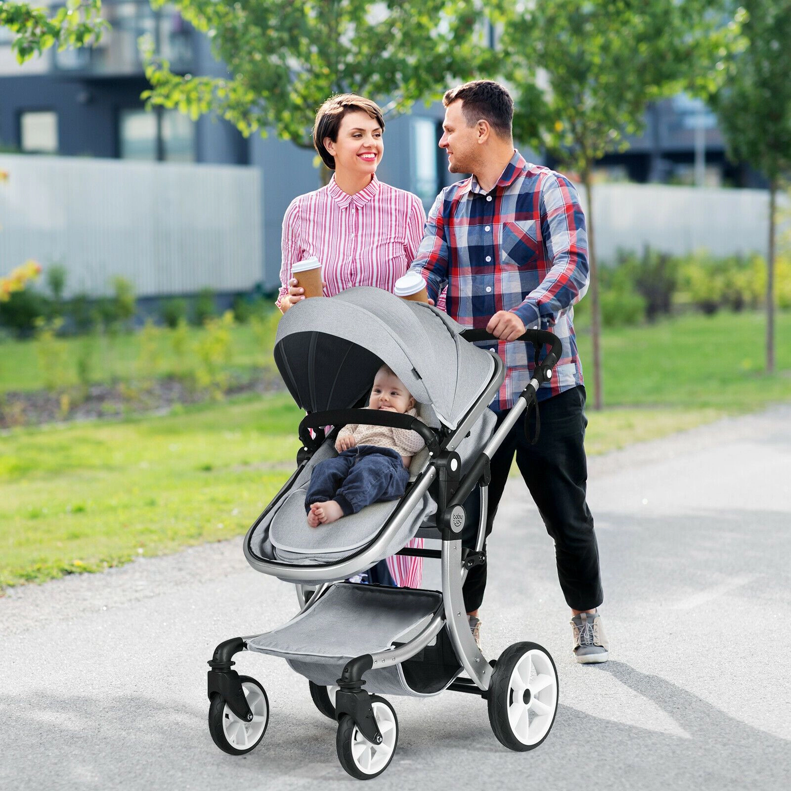 SlickBlue Foldable Infant Stroller with Adjustable Canopy and Safety Harness
