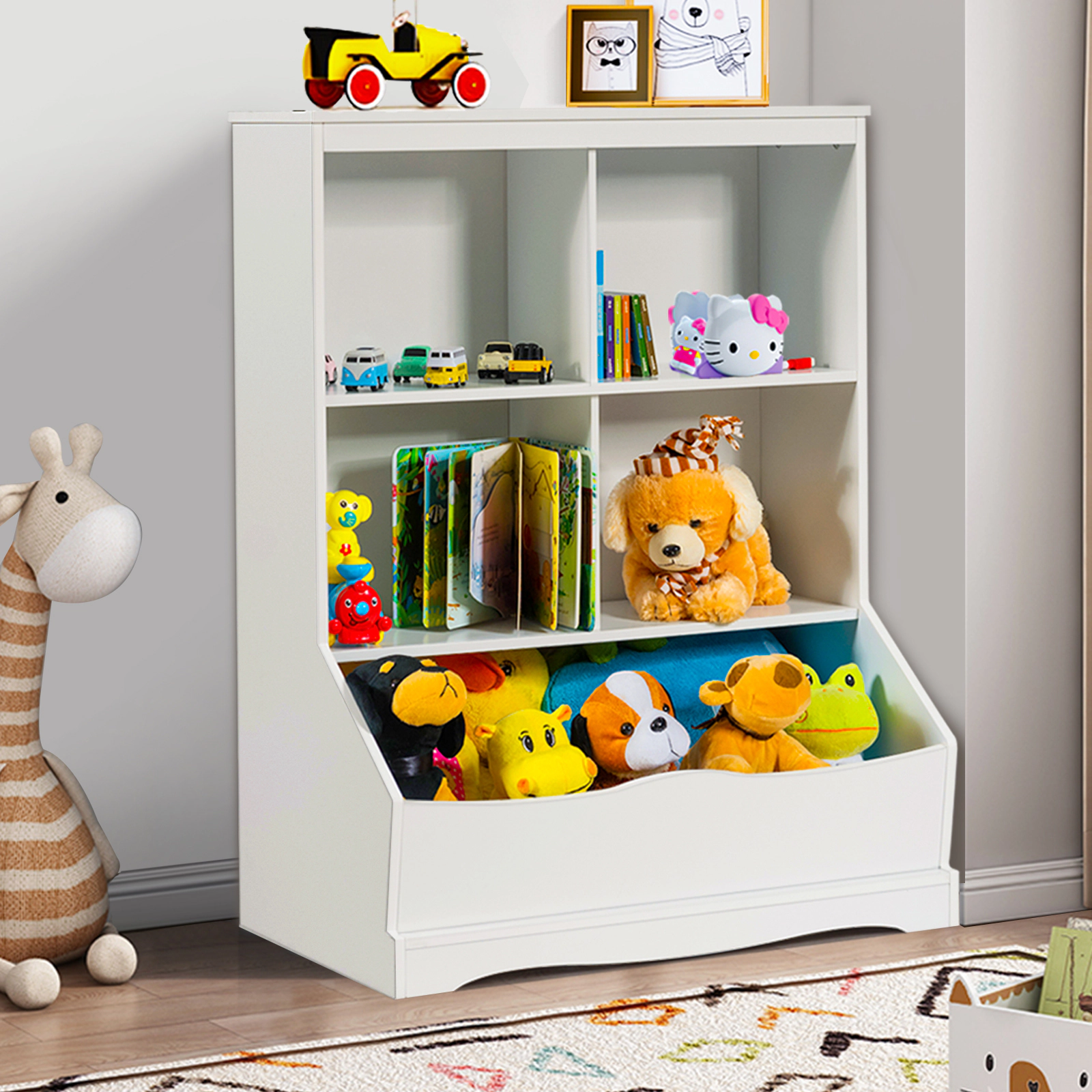SUGIFT 3-Tier Multi-Functional Toy Organizer Bookcase with Storage Bin 66-lb Top Capacity White/Gray/Natural