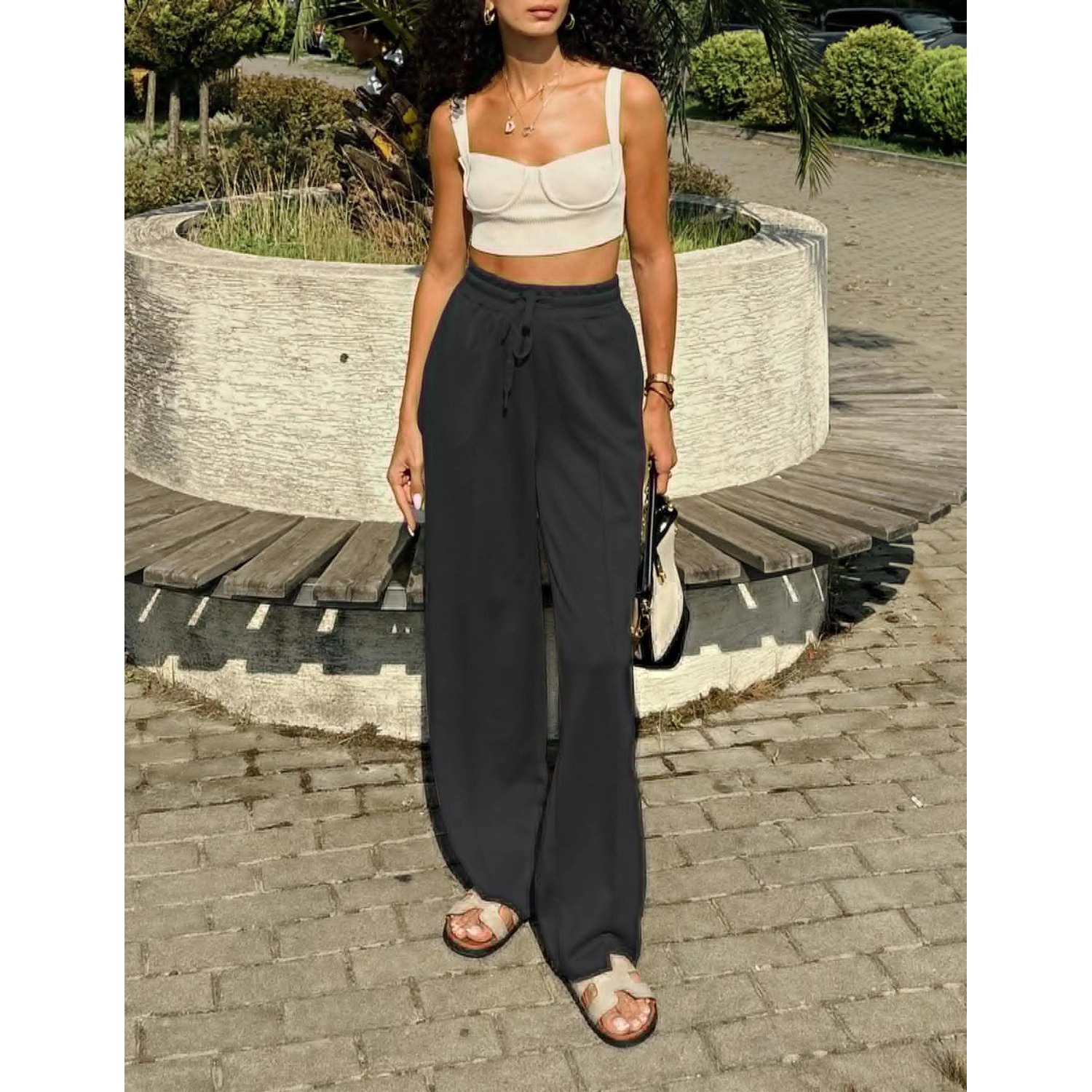 Pinspark Womens High Waist Wide Leg Drawstring Pants Solid Pleated Casual Trousers