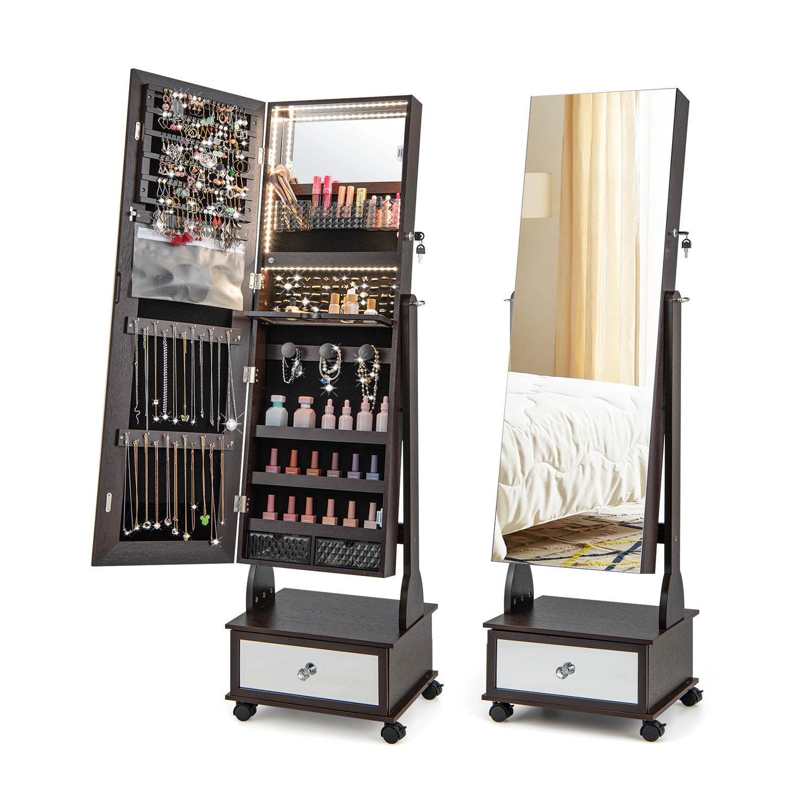 Slickblue 62.5 Inch Freestanding Lockable Jewelry Cabinet with Full-Length Mirror, LED Lights and Rolling Wheels