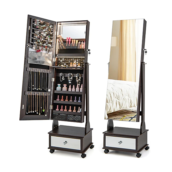 SUGIFT 3-in-1 Lockable Jewelry Cabinet Armoire with Full Length Mirror and Vanity 62.5-in Tall 3-Color LED Lights Brown