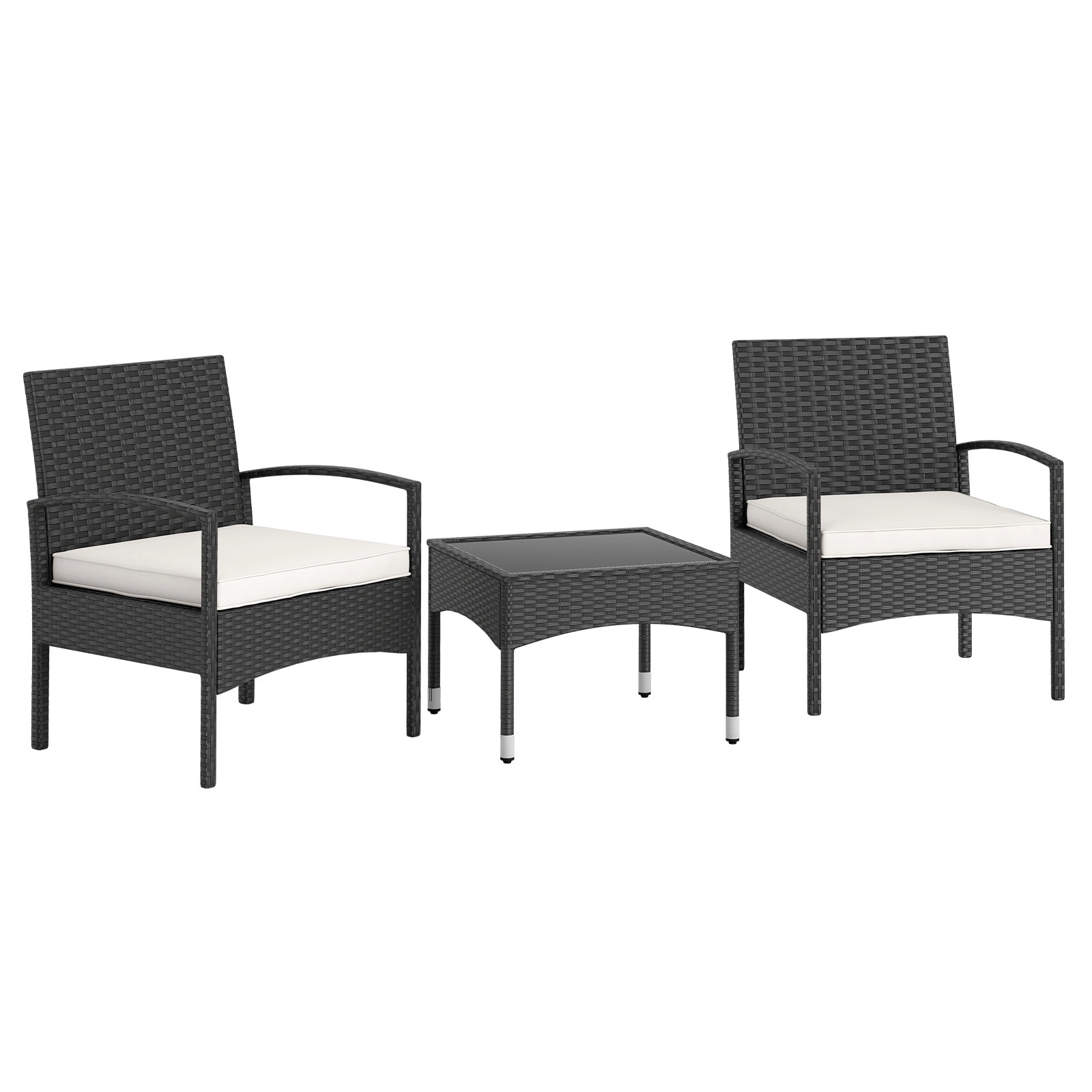 SUGIFT 3-Piece PE Rattan Patio Conversation Set Bistro Chairs & Table 400-lb Chair Capacity Black Rattan Beige Cushions