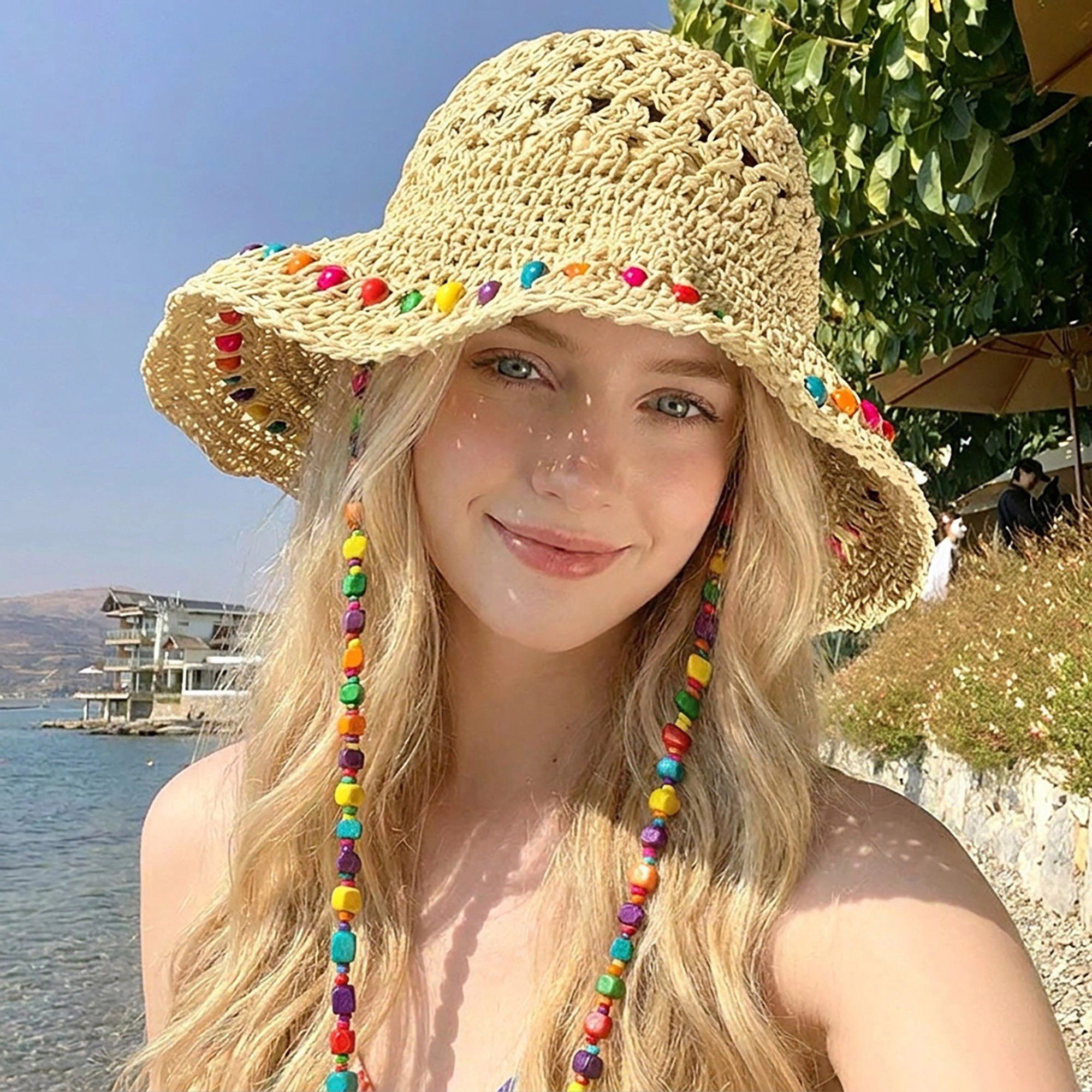Anna-Kaci Women's Crochet Bucket Sun Hat with Beaded Chin Strap and Open Weave Brim