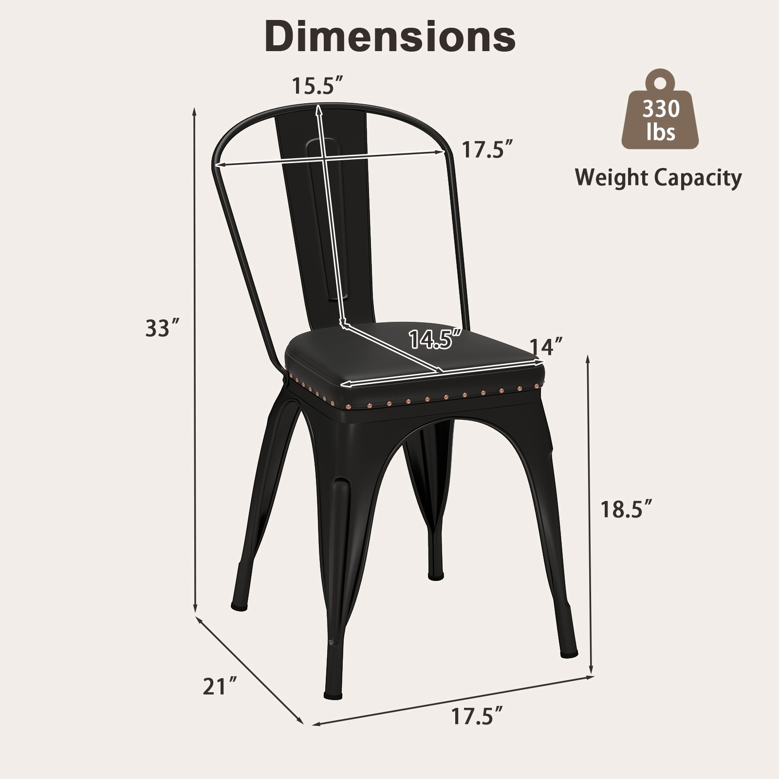 SUGIFT Stackable Metal Dining Chair Set of 4 with Removable Back and PU Leather Cushioned Seat 330-Lb Capacity Black