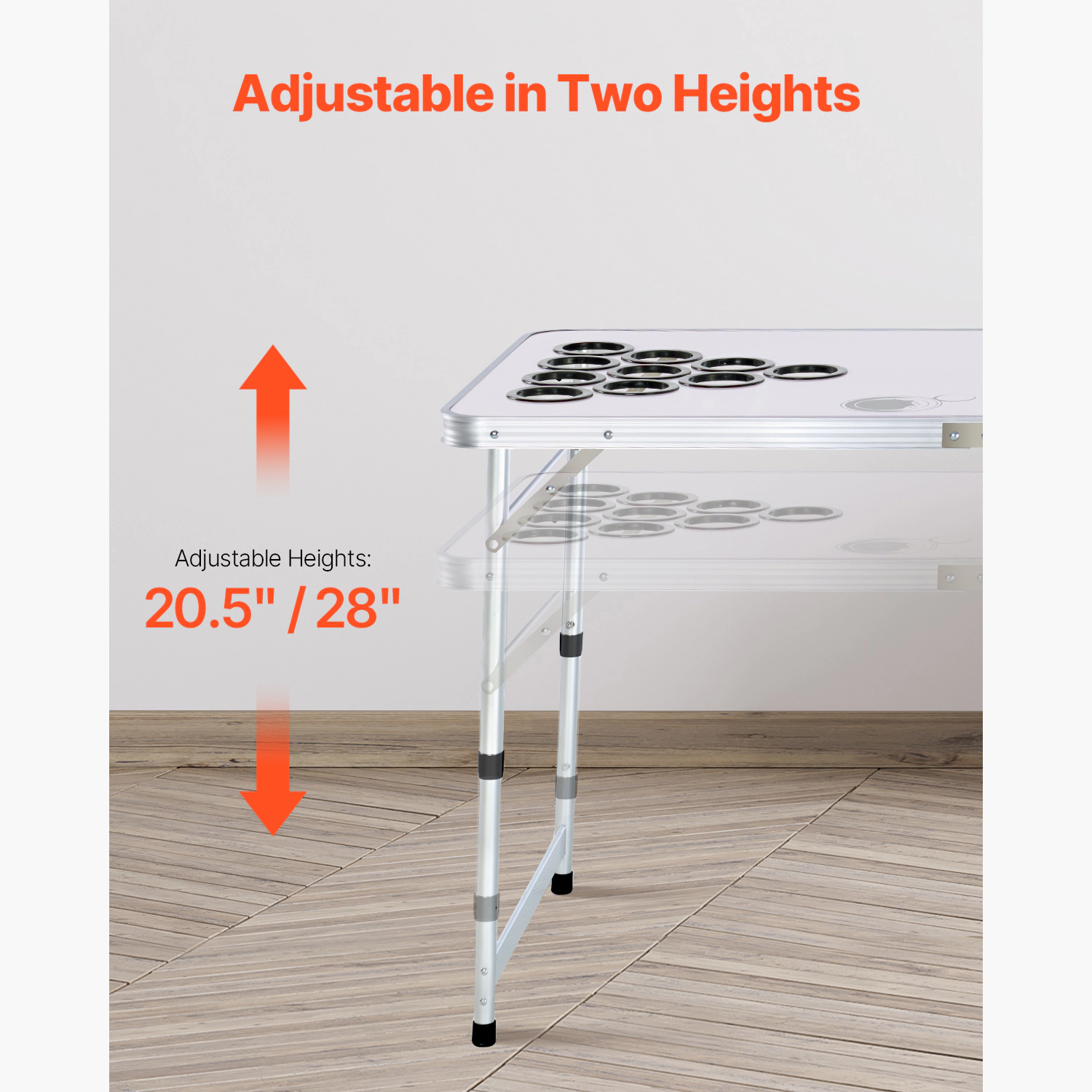 HONGGE 8 FT Portable Folding Beer Pong Table with Adjustable Height & Cup Holes, White Tailgate Table