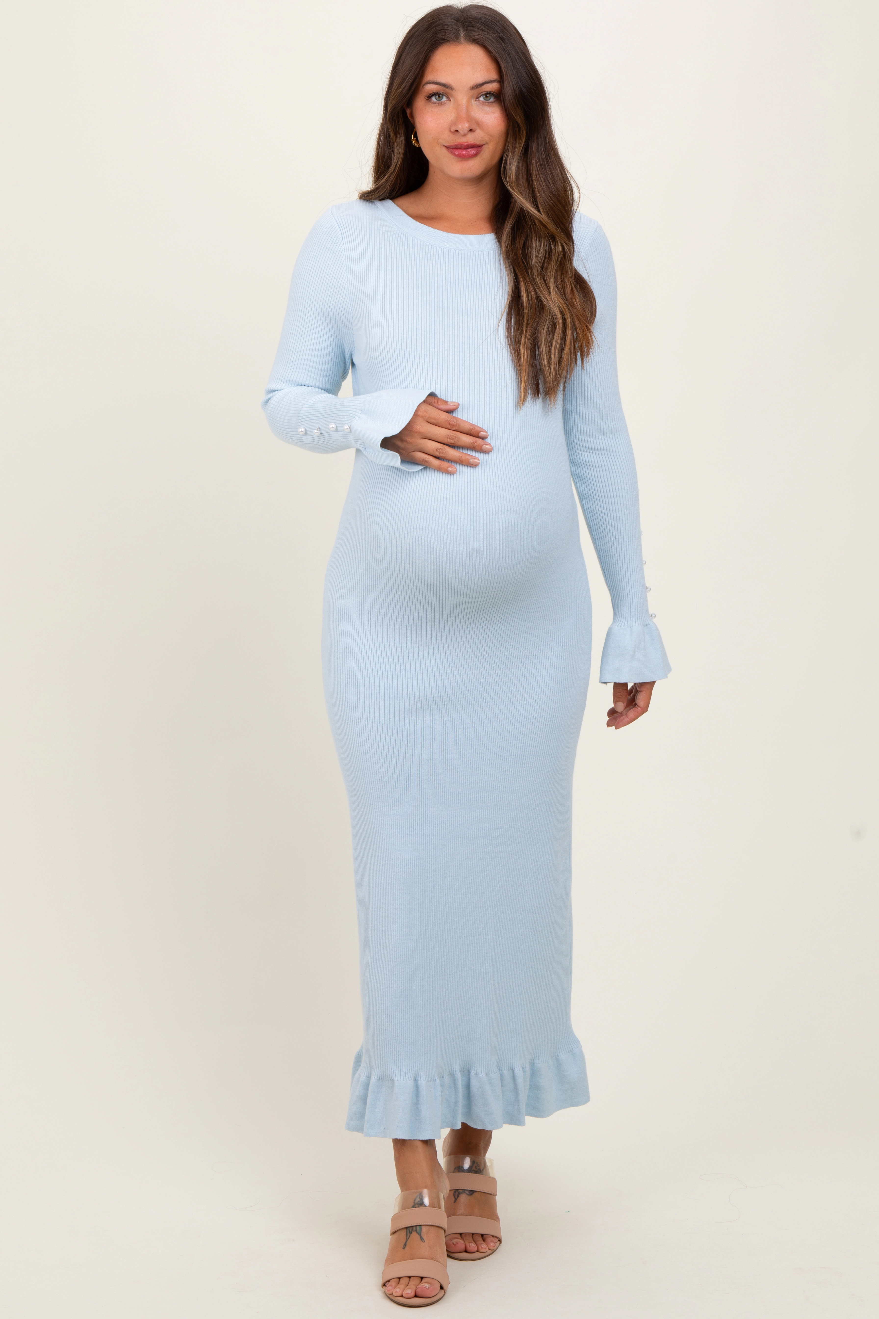 PinkBlush Womens Light Blue Ribbed Knit Bow Back Maternity Maxi Dress