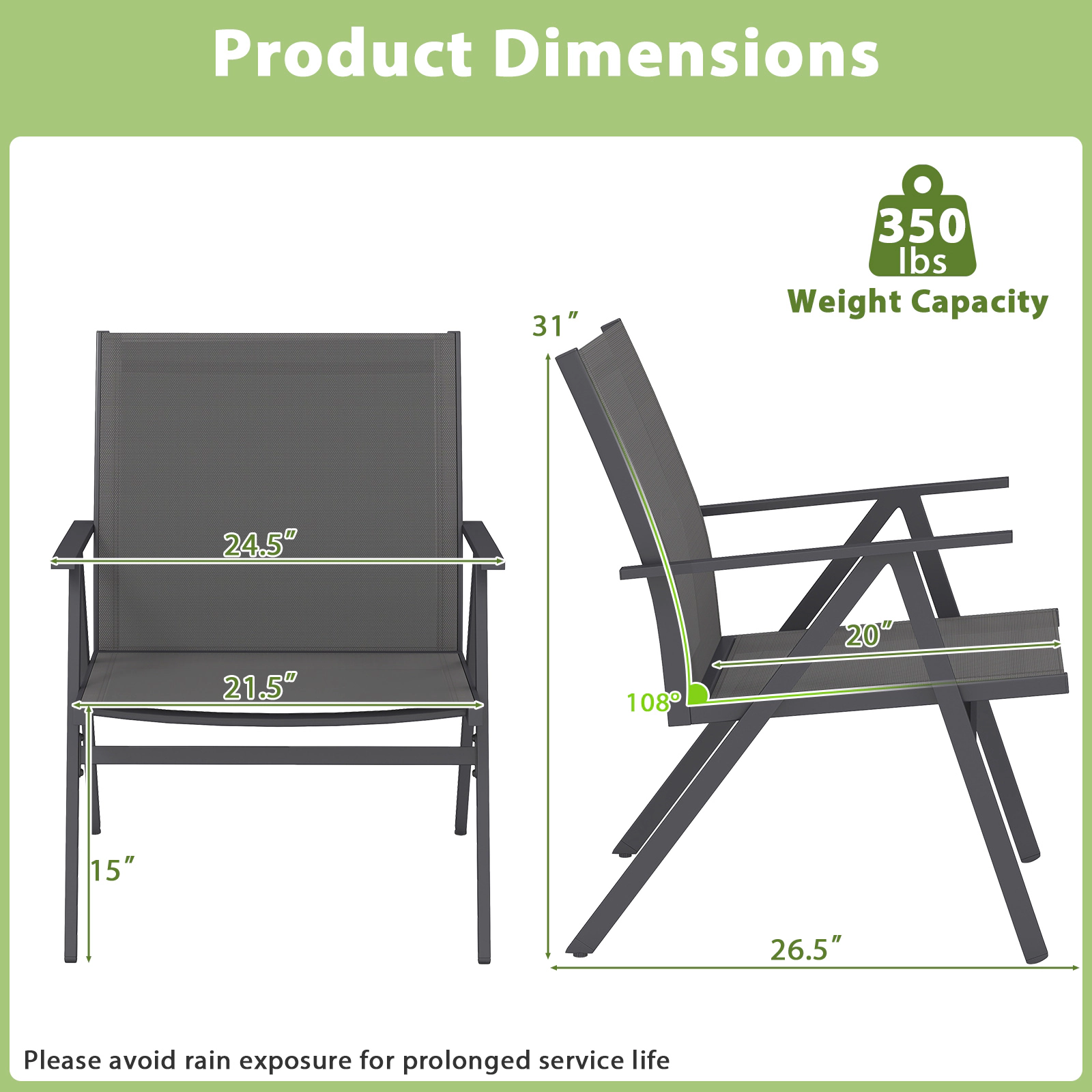 LJG Patio Chairs Set of 2 with Breathable Mesh Fabric and Metal Frame