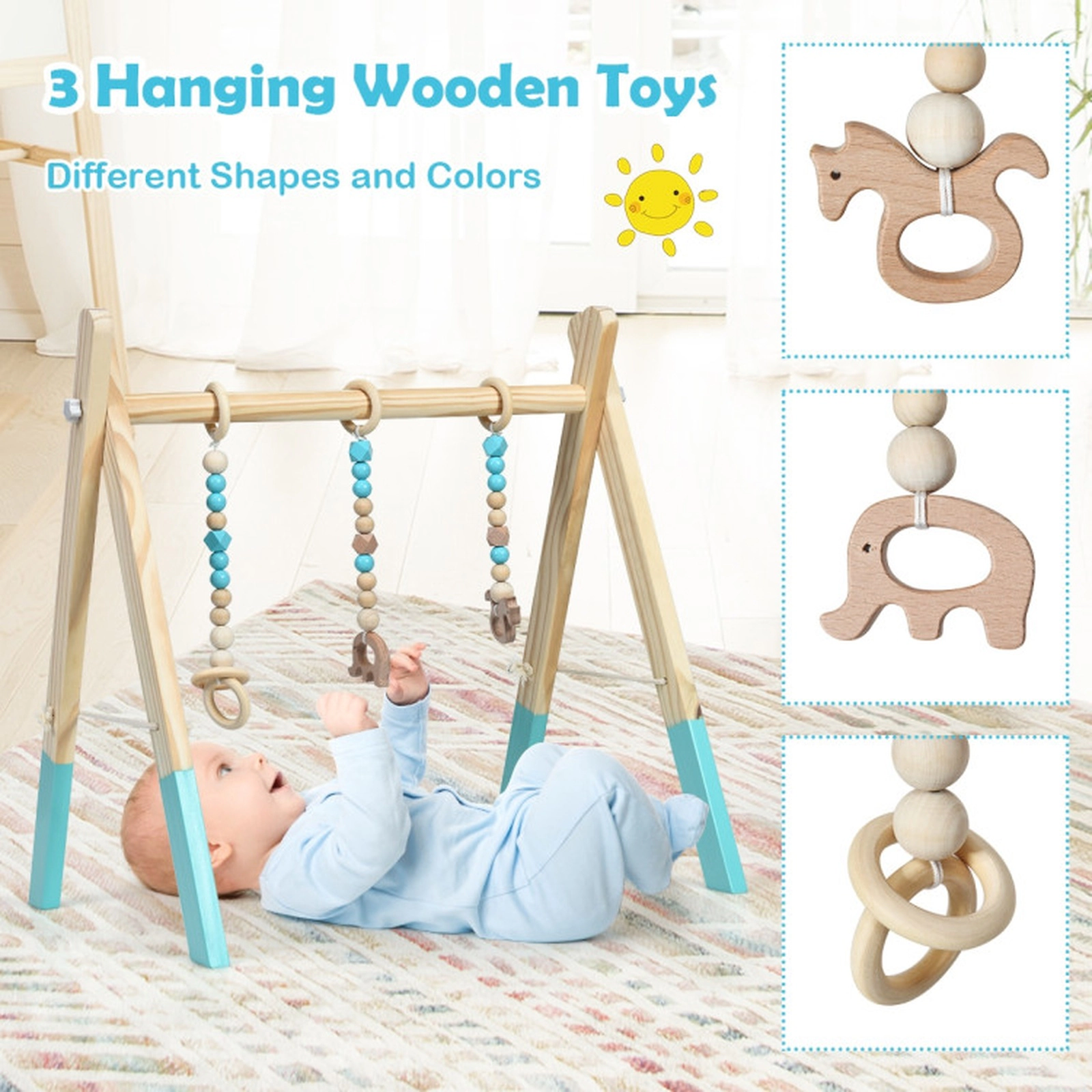 SUGIFT Baby Blue Wooden Play Gym with 3 Hanging Teething Toys and Folding Frame 23.5-in W 17.5-in D 23.5-in H