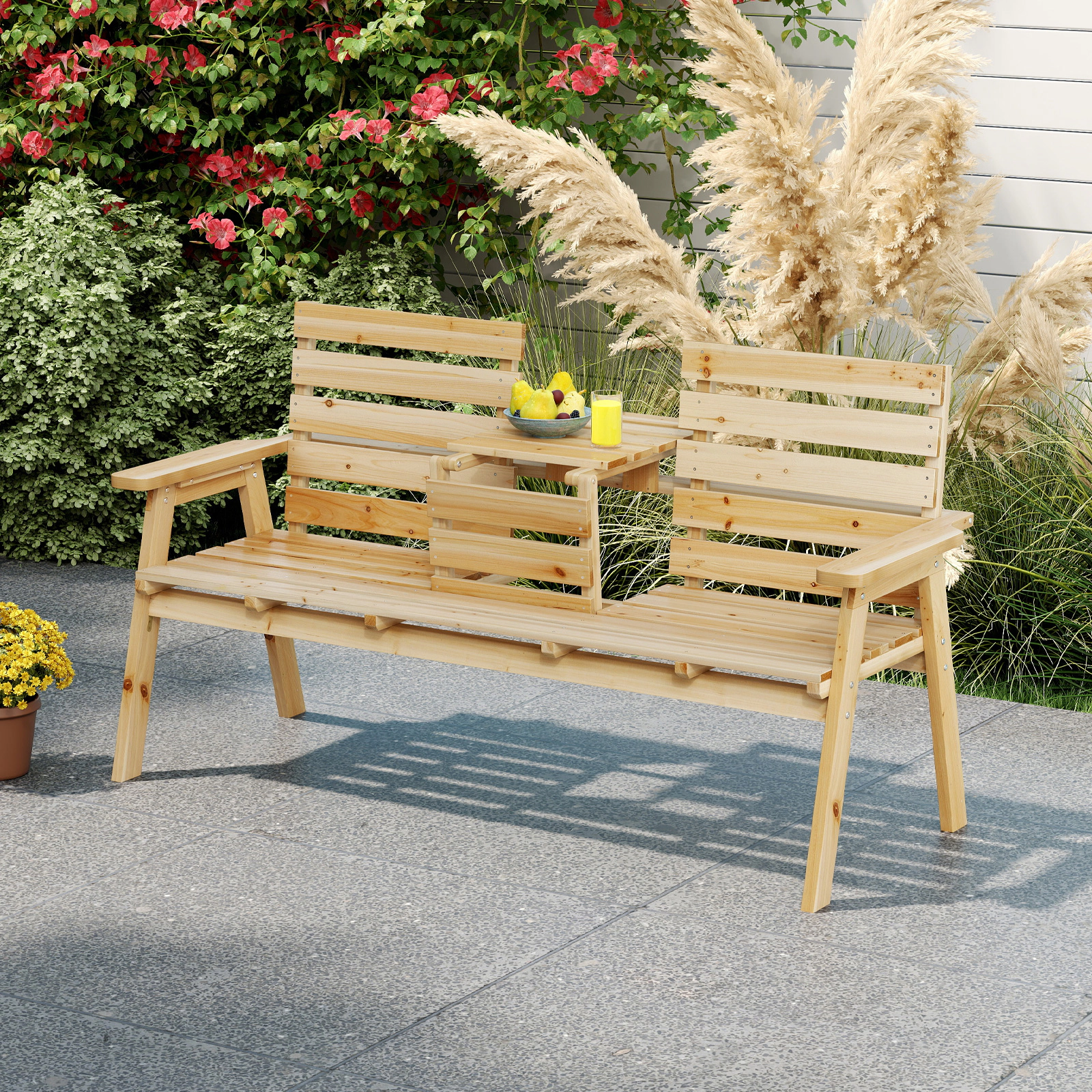 LJG Outdoor Fir Wood Bench with Foldable Middle Table