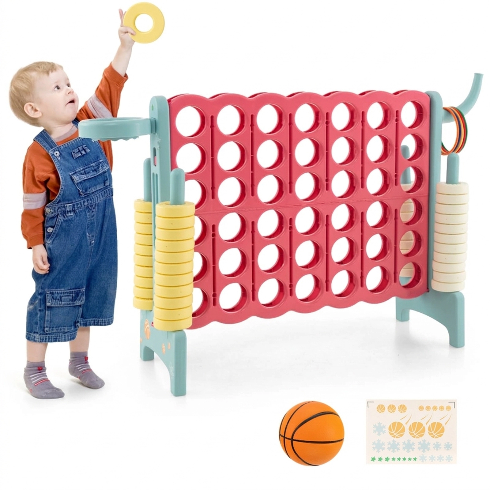 SUGIFT 47-in 4-in-a-Row Connect Game with Basketball Hoop 5 Toss Rings 42 Rings and Tool-Free Setup