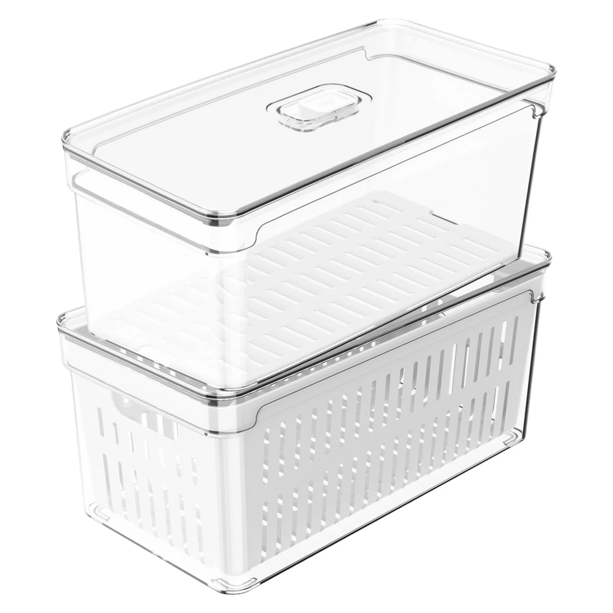 OU Fridge Organizer Bins w/ Drain Basket & Vented Lids, Clear Stackable Storage Container, BPA Free, 2 Pack (5.3qt Each)
