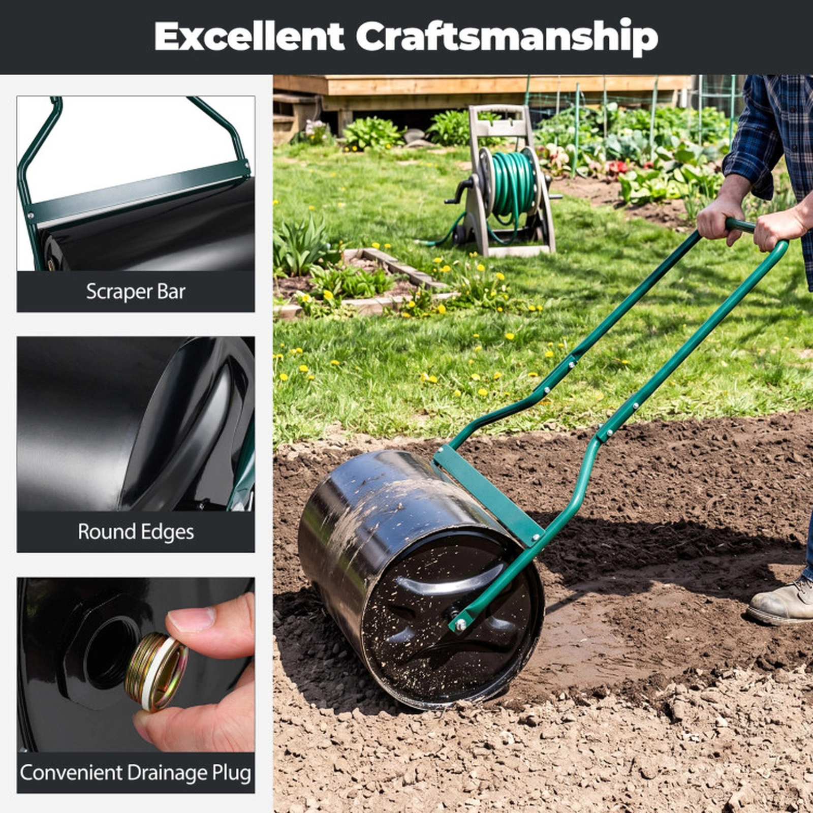 SUGIFT Large Fillable Drum Lawn Roller 12-Gallon Water Or Sand Capacity U-Shape Handle Black
