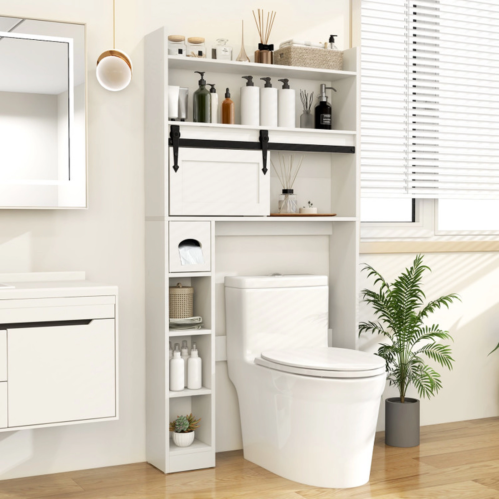 SUGIFT Sliding Barn Door 3-Tier Shelves Over The Toilet Storage Cabinet 32-in x 7.5-in x 62-in 200-lb Capacity White