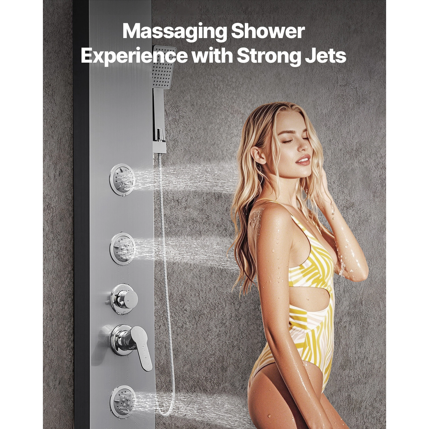 HONGGE 5-Function Shower Tower Panel, Rainfall & Waterfall with 3 Body Jets, 53 in Brushed Stainless Steel Shower Column