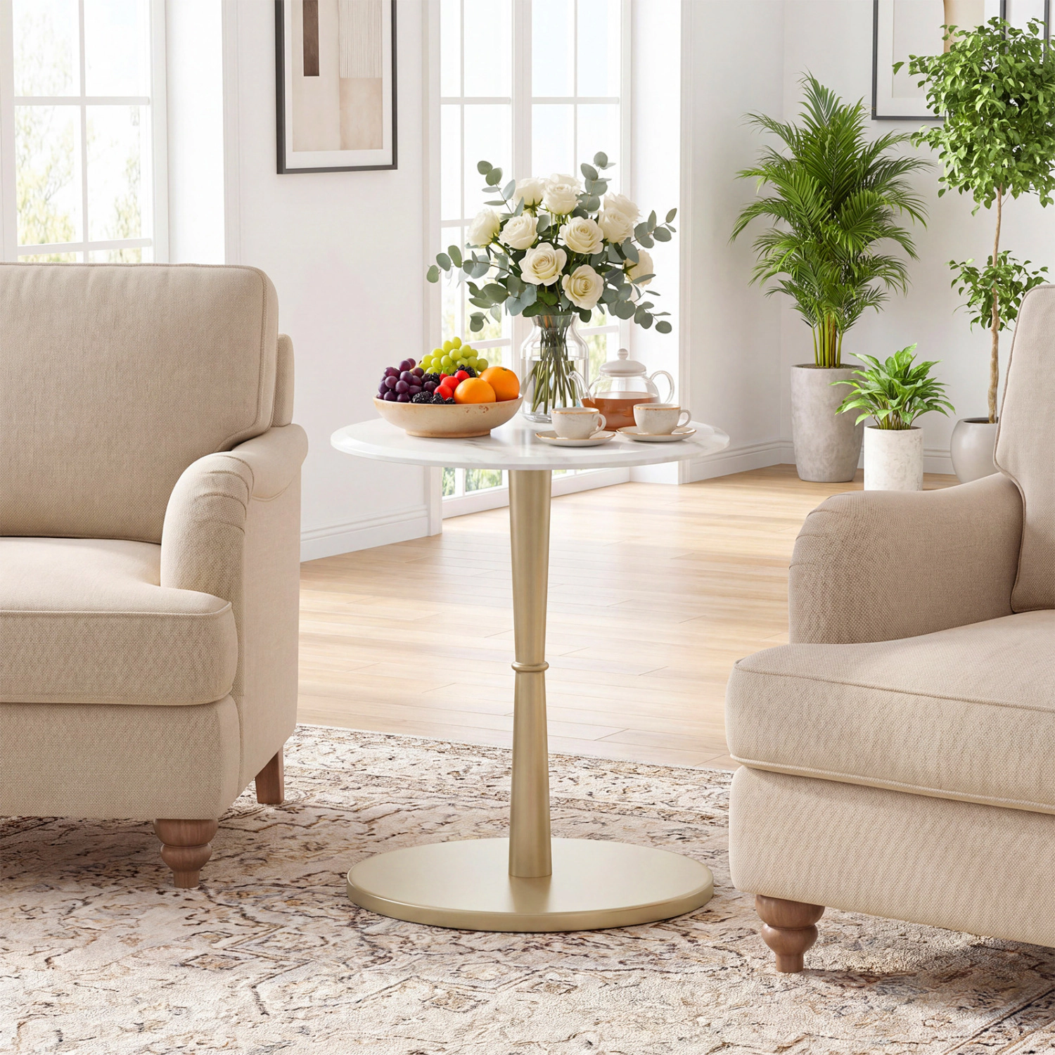LJG Round Marble Side Table with Stone Finish and Wooden Base for Small Spaces