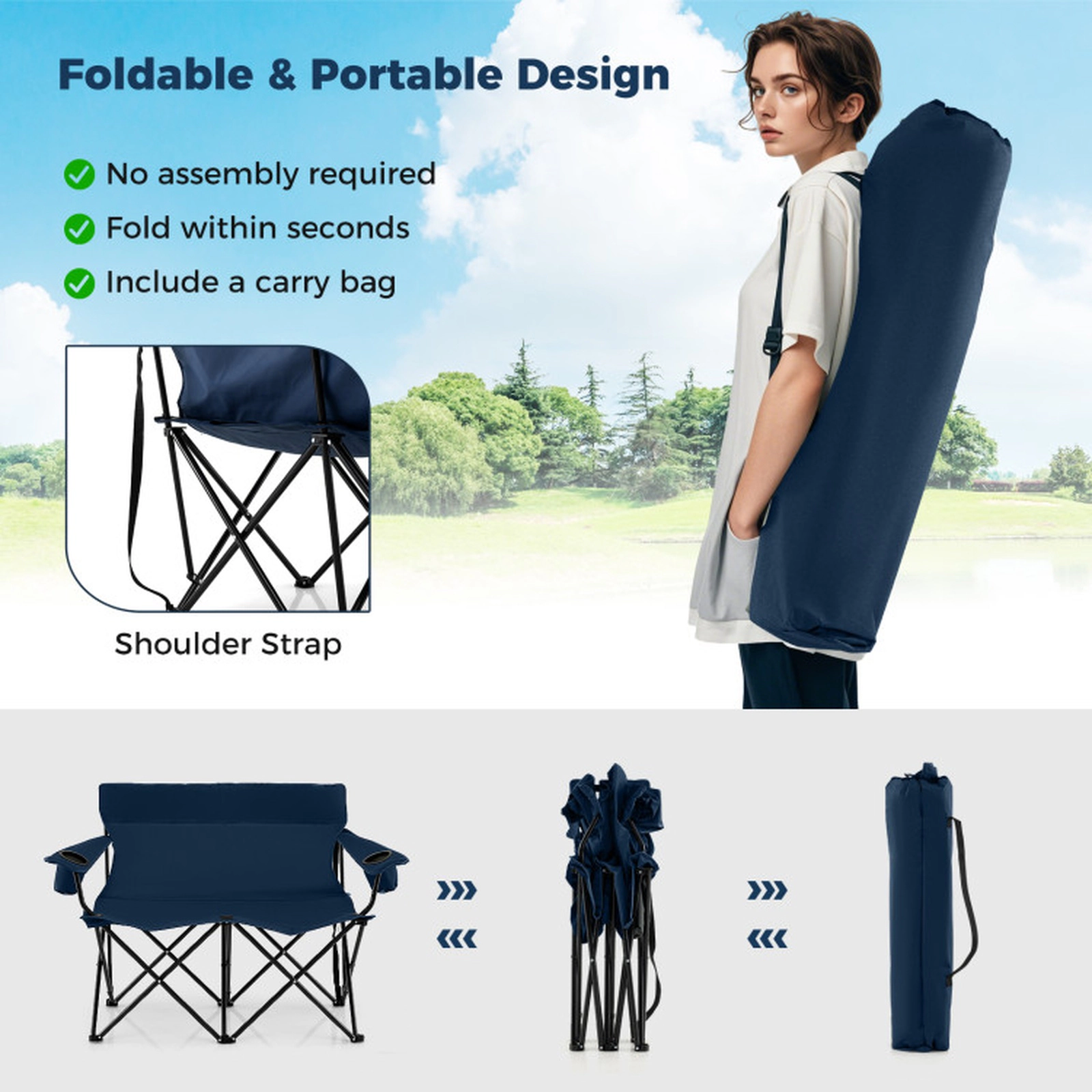 SUGIFT 2-Person Double Camping Loveseat Chair 660-lb Capacity 52-in Wide Folding Outdoor Seat with Cup Holders Blue