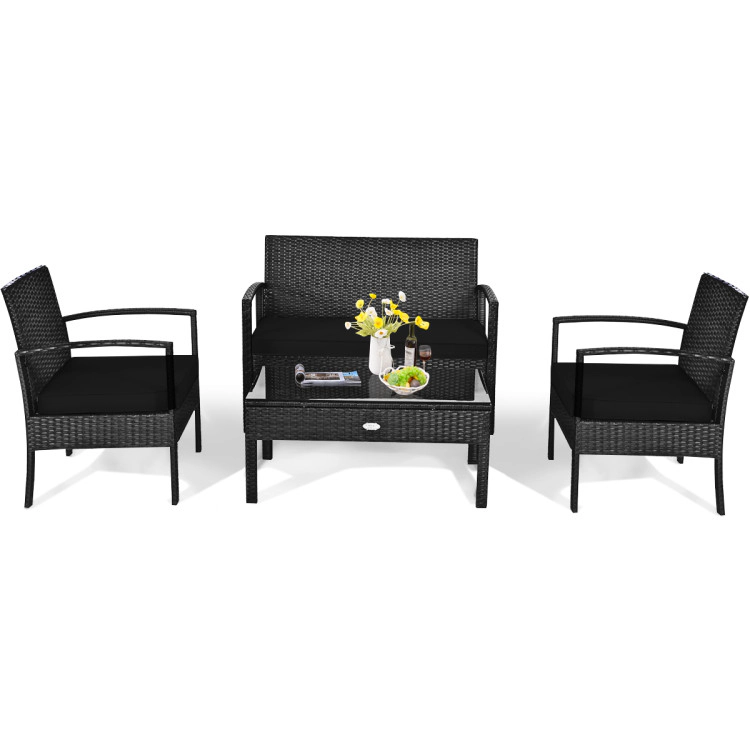 Hivvago 4Pcs Outdoor Rattan Patio Furniture Set W/ Cushions, Loveseat, Chairs & Table