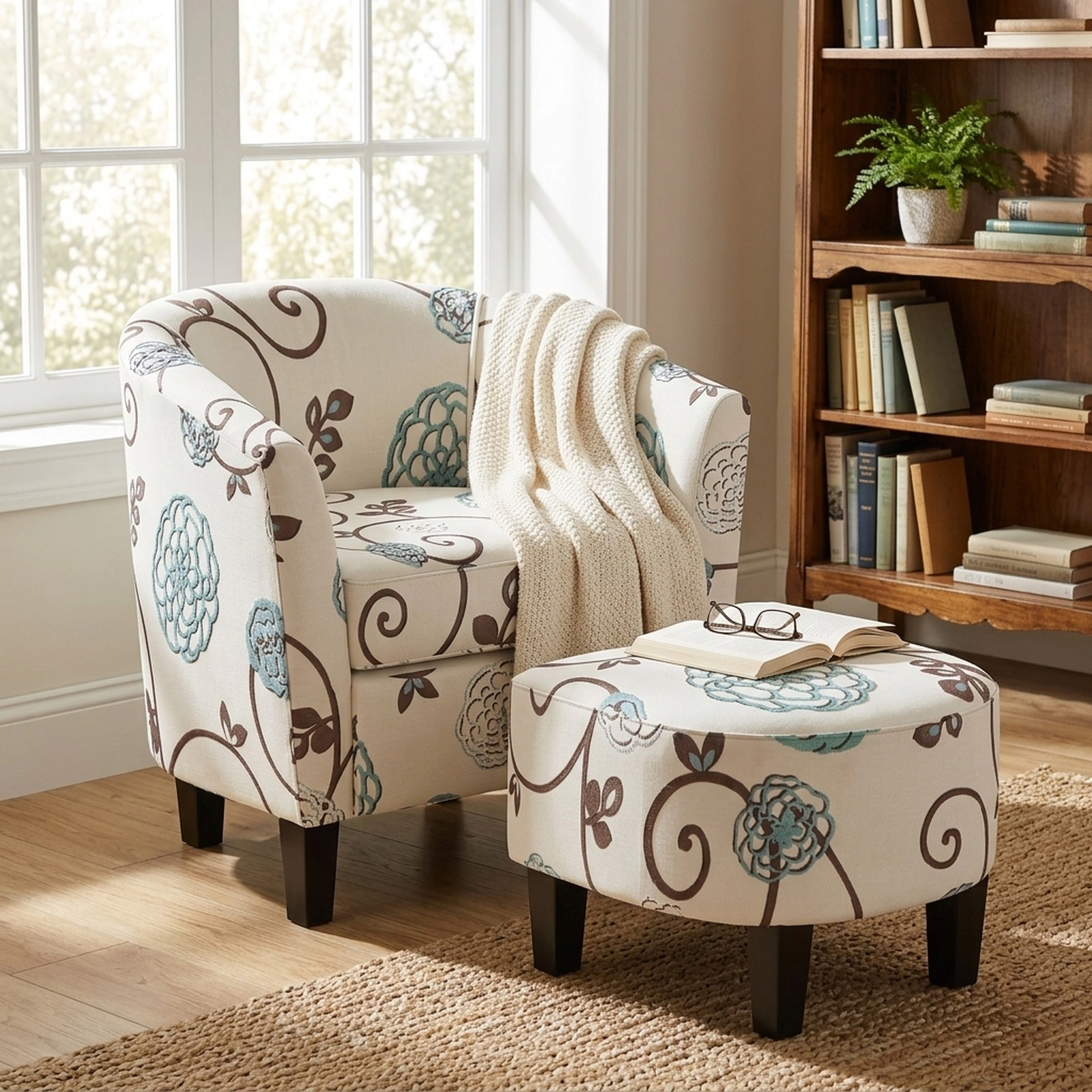 SUGIFT Beige Linen Barrel Accent Chair with Ottoman, U-Shaped Backrest, 17-In Seat, Pine Legs