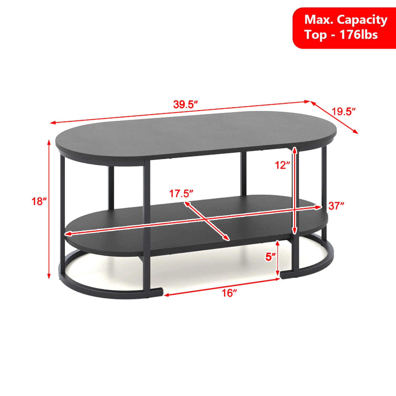Hivvago Spacious Two-Layer Wooden Coffee Table with Oval Top and Storage Shelf