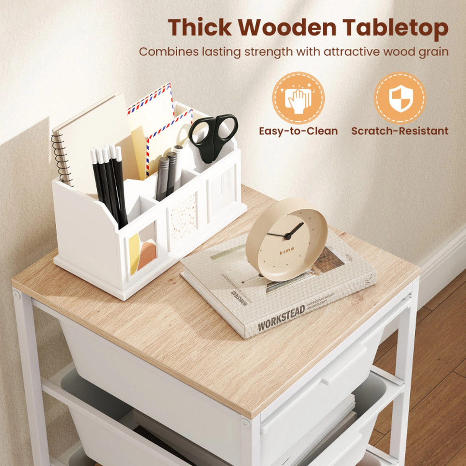 SUGIFT 5-Drawer Rolling Storage Cart White with Wooden Tabletop and Lockable Wheels